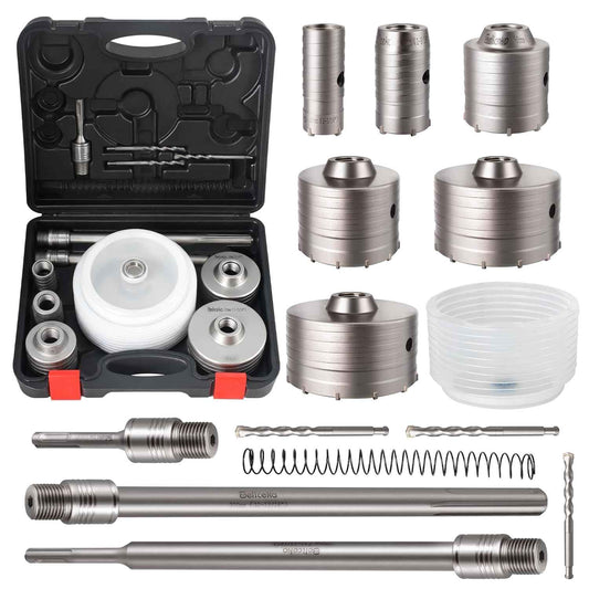 Concrete Hole Saw Kit with Dust Bowl - 30-115mm SDS Plus Set for Brick, Stone & Cement