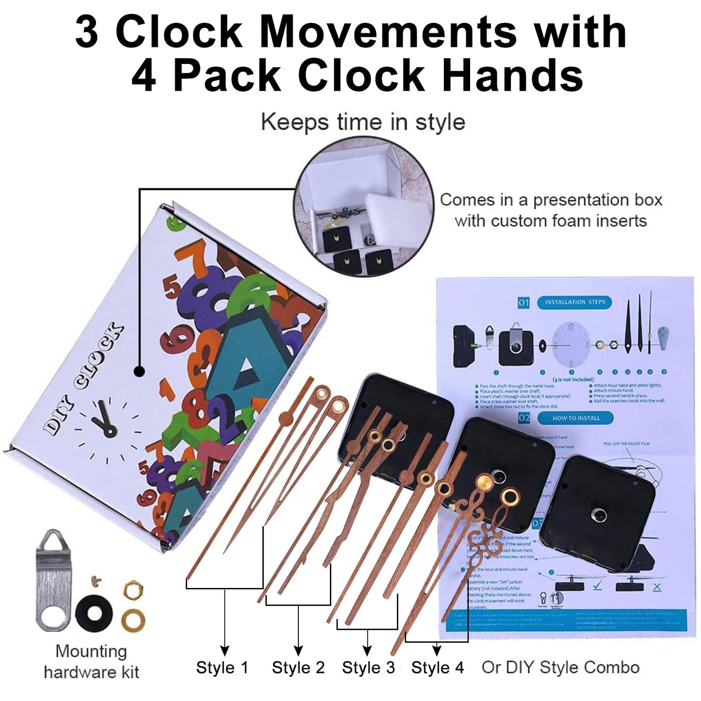 EMOON 3 Pieces Quartz Clock Mechanism Replacement Kit Long and Short Shaft Length with 4 Types of Walnut Wood Clock Hands DIY Clock Repair Parts (Total Shaft Length 16mm,20mm,23mm)