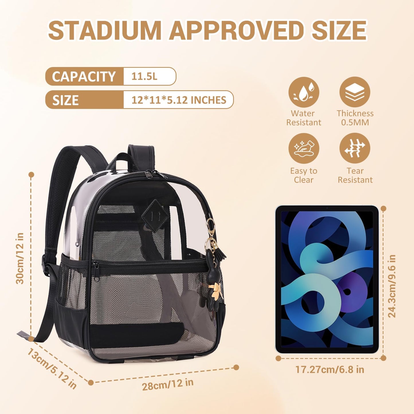 MUSEVOS Clear Backpack for Stadium Events Approved 12×6×12, Thick TPU Mini Clear Bag with Front Pocket for Concert Sport Events Work Travel, Black