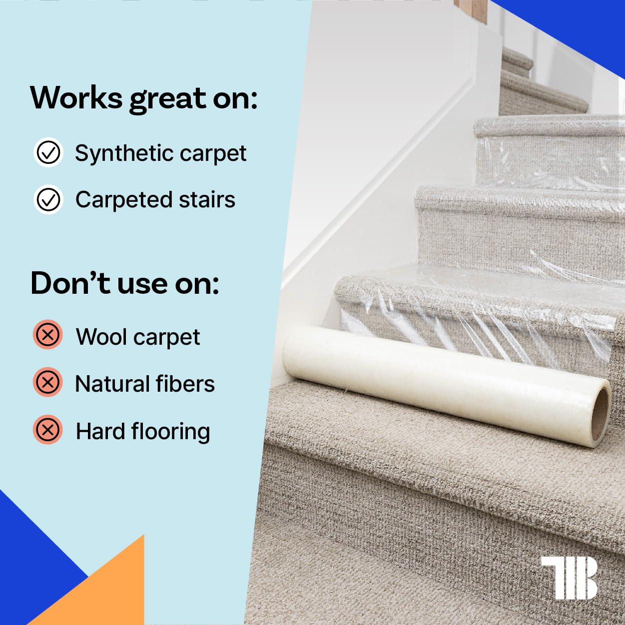 TapeManBlue Carpet Protection Film, 24 inch x 500 feet, Made in The USA, Strong and Durable Plastic Carpet Protector with Easy Unwind and Clean Removal, Clear Self-Adhesive Surface Protective Film