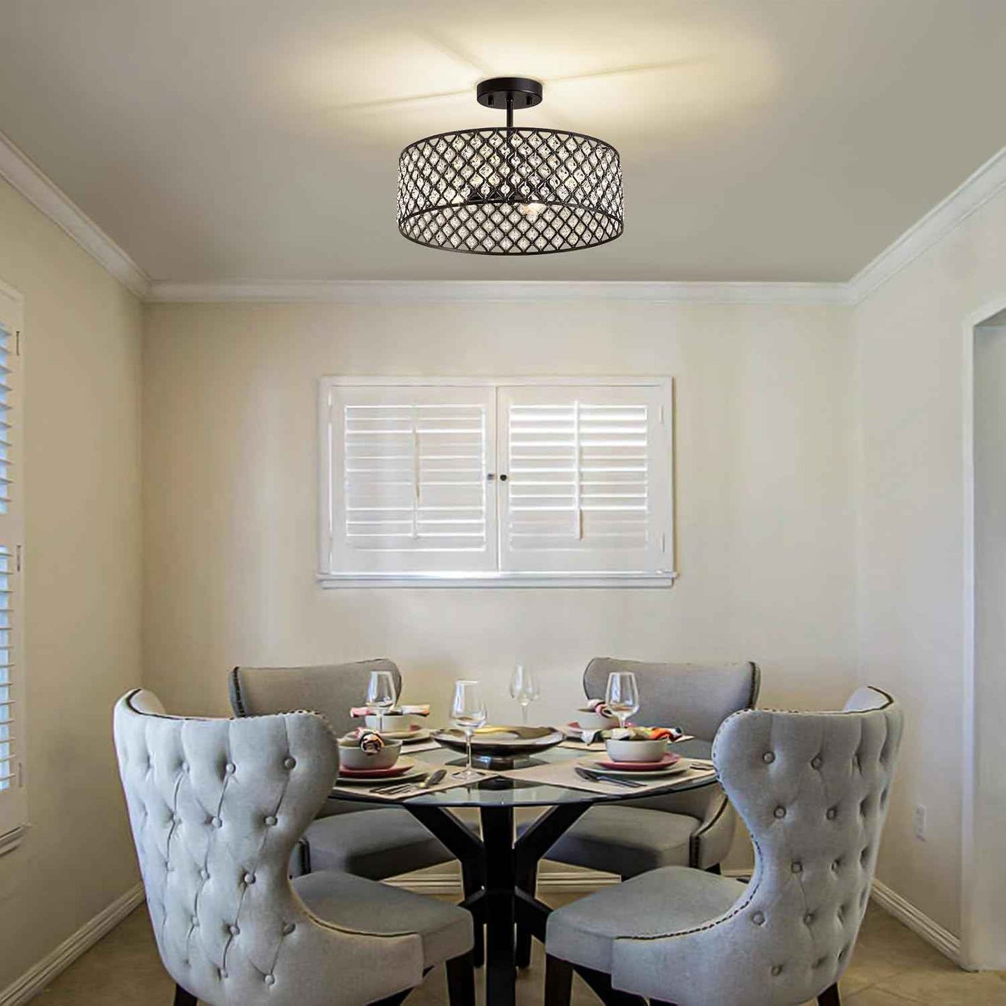 Modern Black Crystal Semi Flush Mount Ceiling Light Fixture - 11.2" Round Chandelier for Dining Room, Hallway, Kitchen & Bedroom