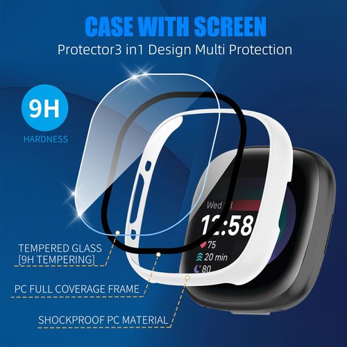 Kimiyaki 6 Pack for Fitbit Sense 2 / Versa 4 Screen Protector Case [Full Coverage], Hard PC Bumper All-Around Protective Accessories for Fitbit Sense 2 / Versa 4 Built-in Tempered Glass Film