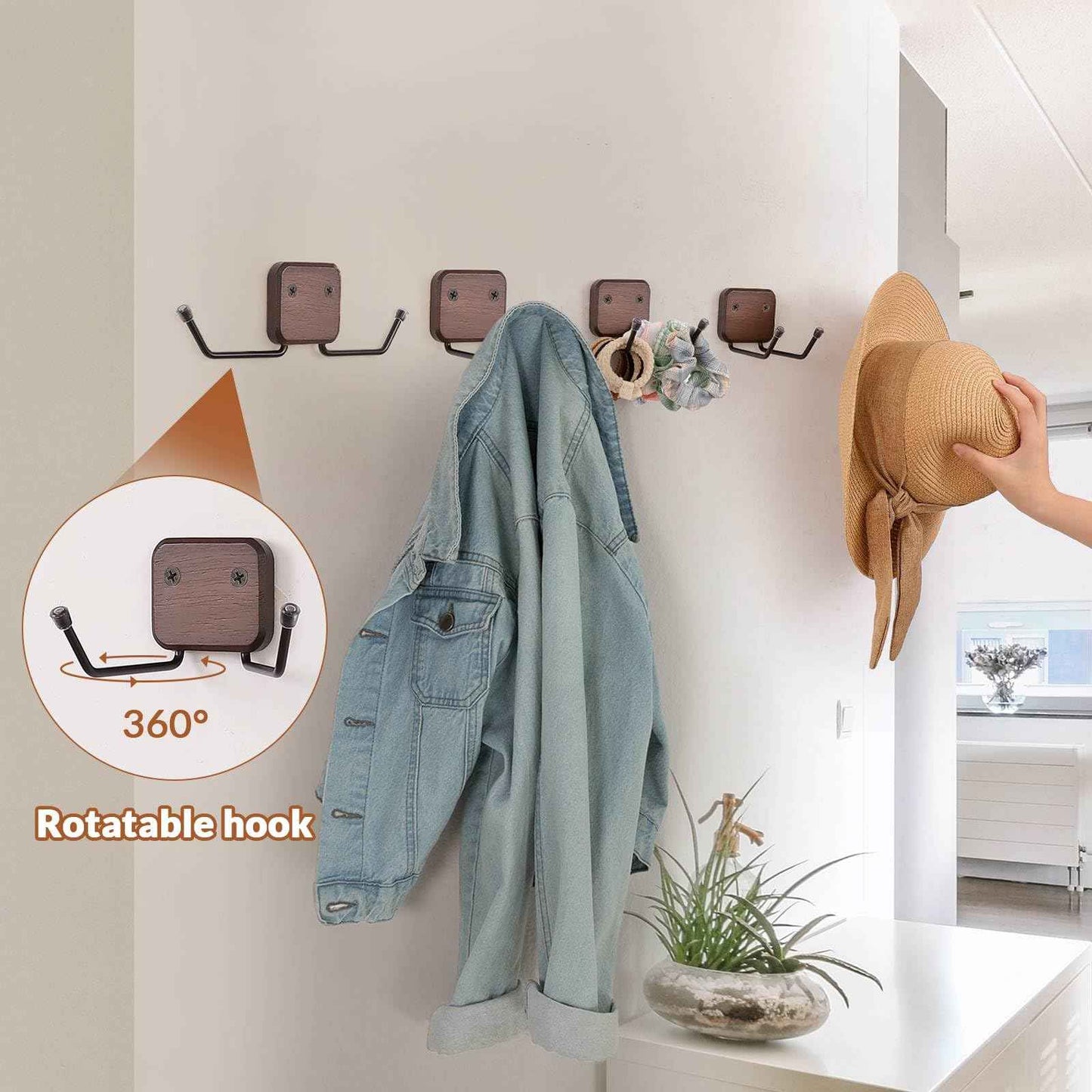 Qiannhee Solid Wood Wall Mount Hat Rack, 4-Tier Rotating Cowboy Hat Organizer with 2 Extended Hooks, Adjustable Width Metal Hanger for Baseball Caps, Coat, Jacket, Key, Decor Entryway, Bedroom(Brown)