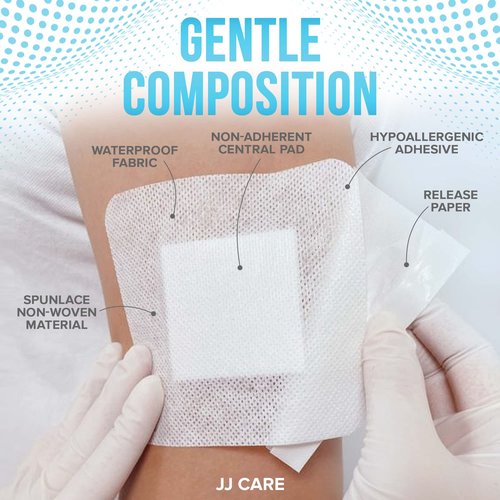JJ CARE Waterproof Adhesive Island Dressing [Pack of 25], 6” x 6” Sterile Bordered Gauze, Breathable Island Wound Dressing, Individually Wrapped Adhesive Gauze Bandages with Non-Stick Central Pad