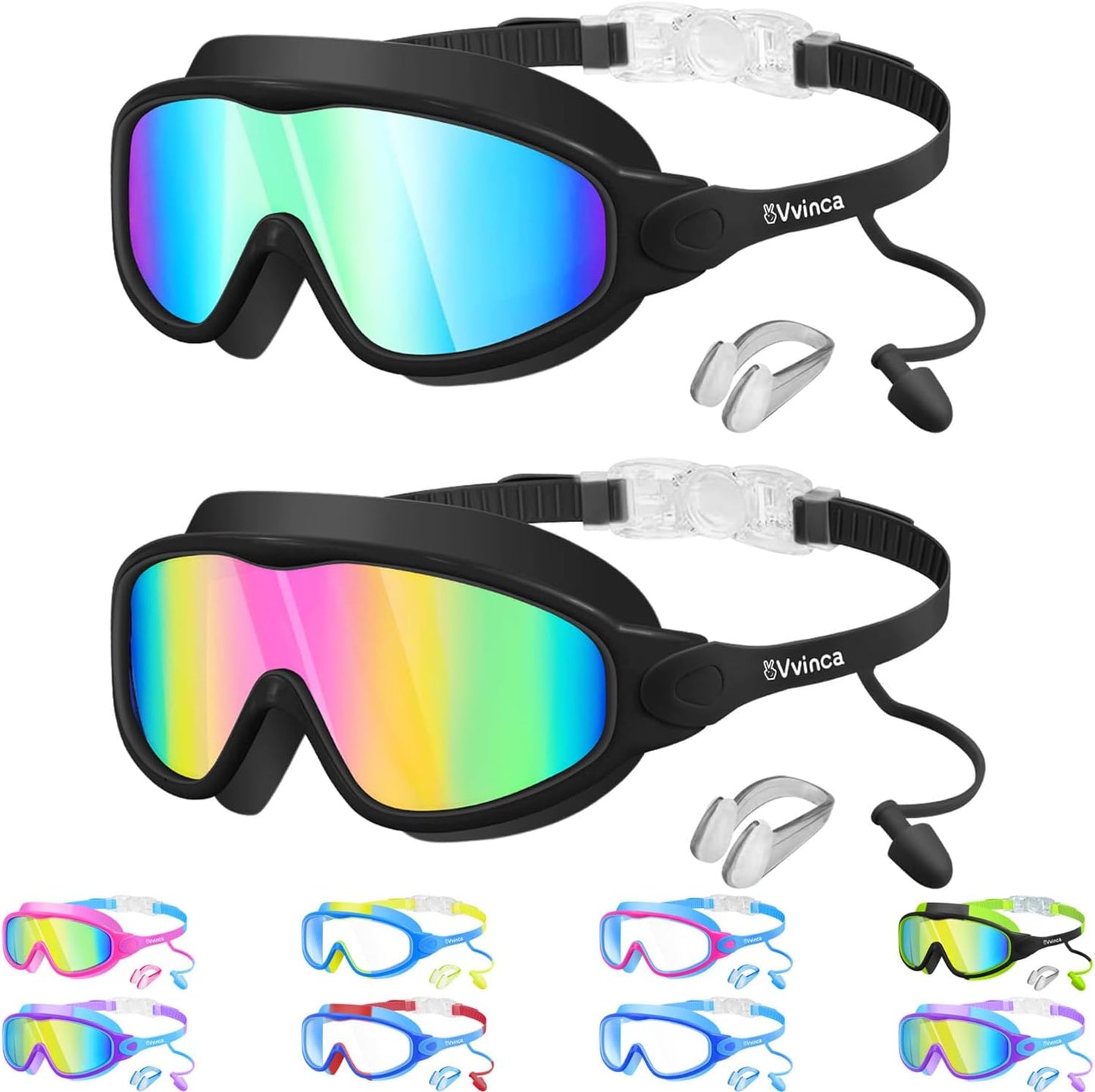 Vvinca Swim Goggles - Anti-Fog UV Protection with Earplugs & Nose Clip | Wide View for Kids Ages 3-15