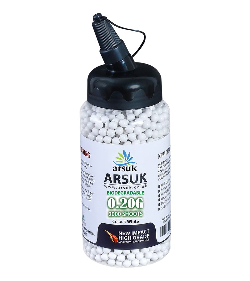 ARSUK Biodegradable Airsoft BB Pellets – 6mm White – 0.20g Seamless Plastic Rounds for Reliable Practice, Training, and Recreational Play – Pack of 2000