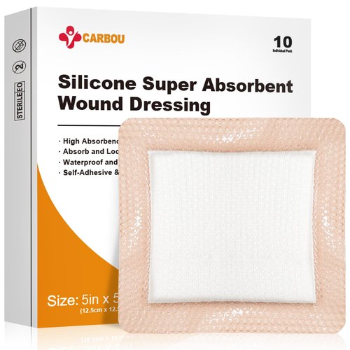 Carbou Silicone Super Absorbent Wound Dressing 5"x 5", 10 Individual Pack, Self-Adhesive Waterproof Bandage, Soft Highly Absorbent Dressing for Wound Care, Burns, Bedsores, Traumas & Surgical Wounds