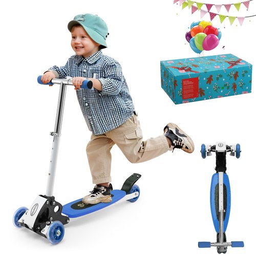 Toddler Scooter, Foldable Three Wheel Lean-to-Steer Scooter for Kids Ages 3-5, Heavy Duty Toddler Scooters, 4 Height Adjustable, 3 Wheeled Scooters for Ages 3 +, Anti Slip, with Box, Blue