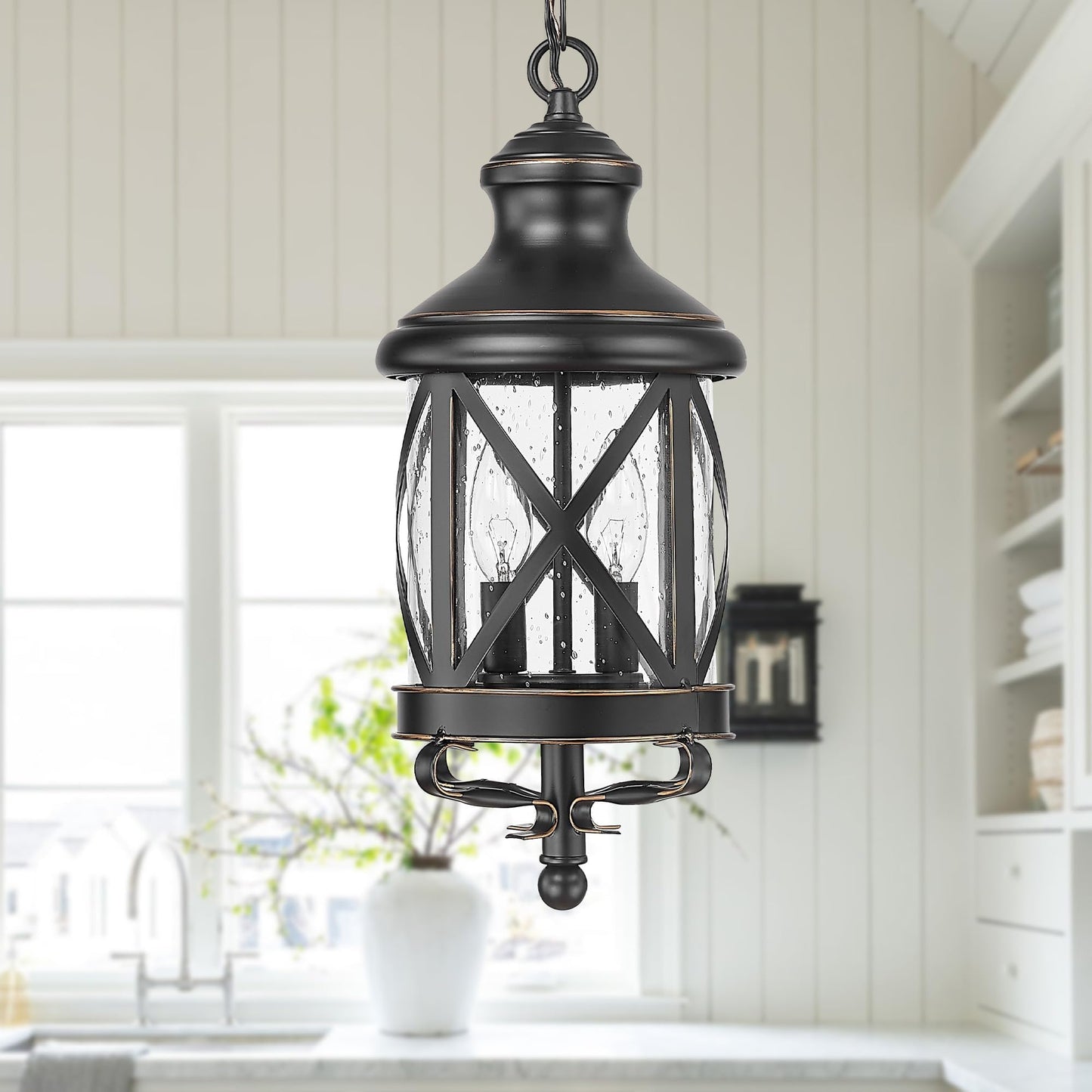 ALLGOT Outdoor Pendant Light for Porch,17.5 Inch Tall Farmhouse Pendant Lights, Outdoor Hanging Lanterns, Anti-Rust Exterior Hanging Porch Lights, Waterproof Ceiling Lanterns with Seeded Glass(Black)