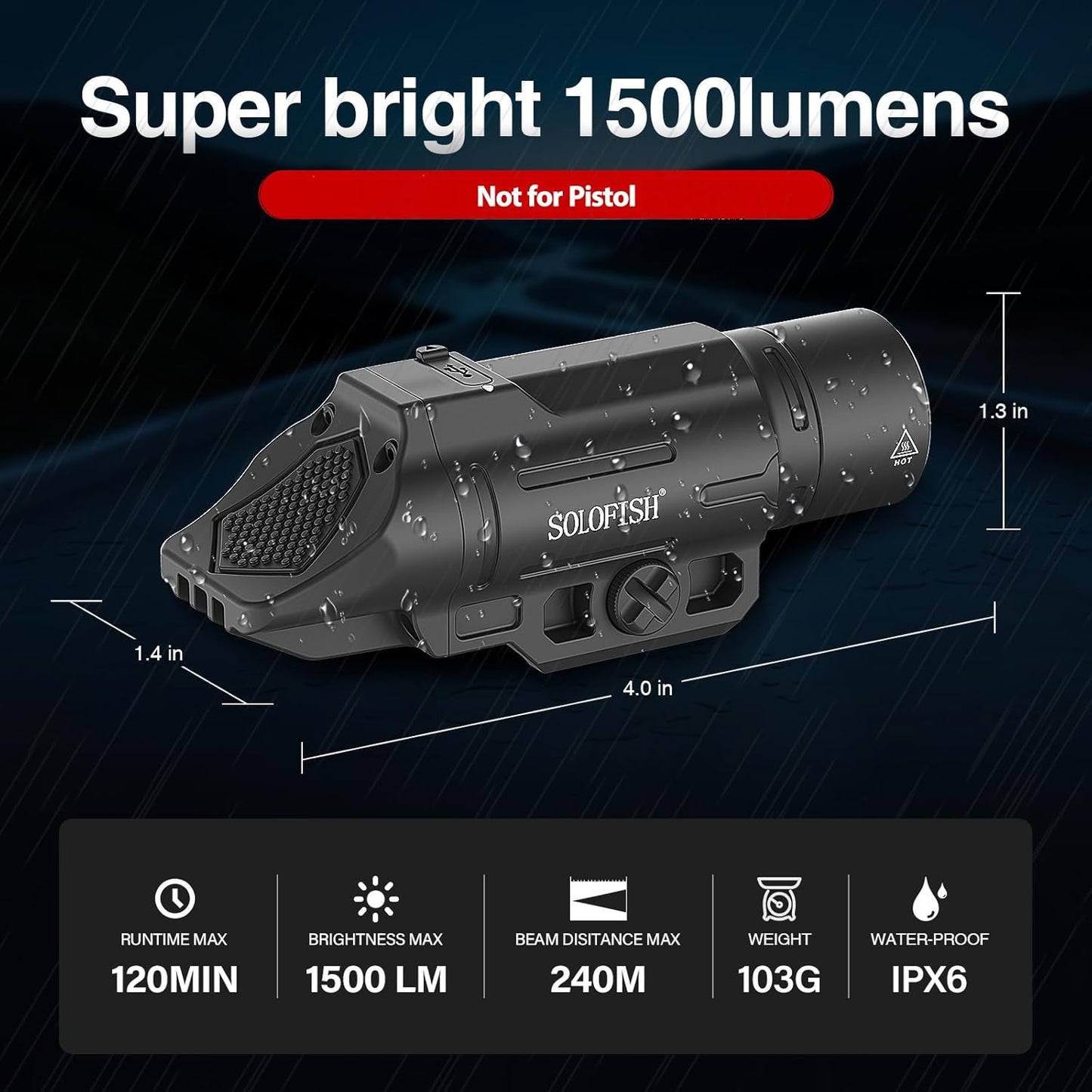 Solofish Tactical Flashlight - 1500 Lumen Rechargeable Weapon Light with Picatinny Rail Compatibility