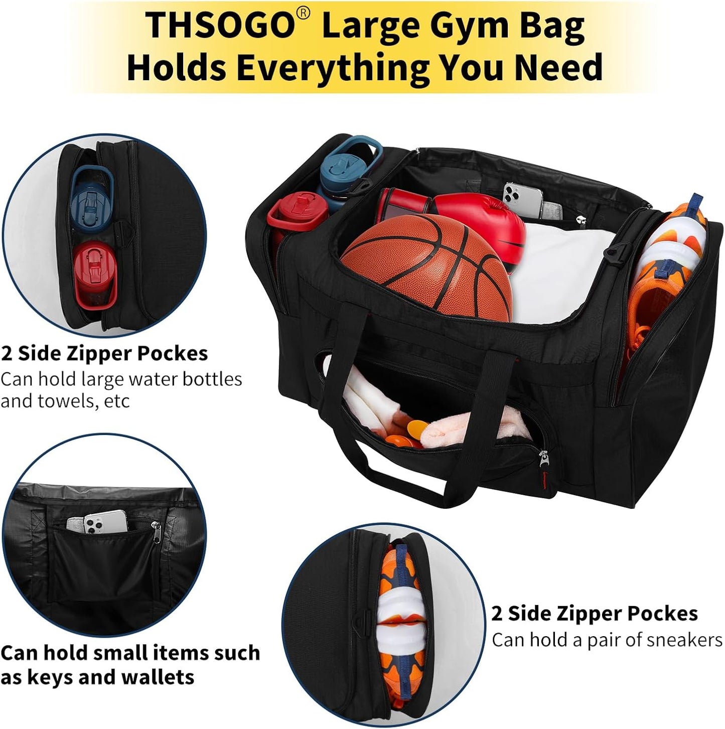 Skiennix 22-Inch Gym Bag for Men - 55L Large Travel Duffle with Multiple Zippered Pockets | Black