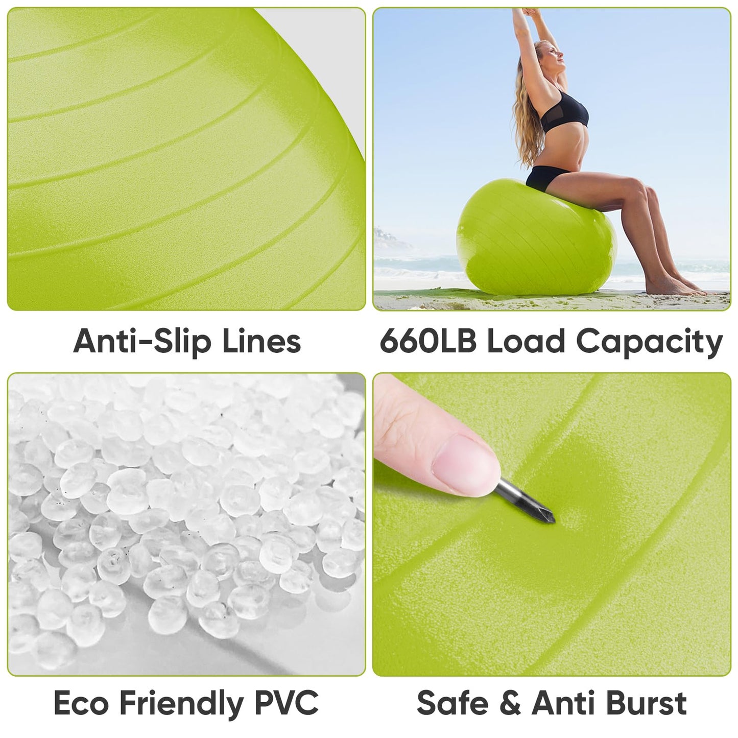 APEXUP Yoga Ball, 660 lbs Anti-Burst Exercise Ball with Pump, 5 Sizes (L (23"~26") 65cm, Green)