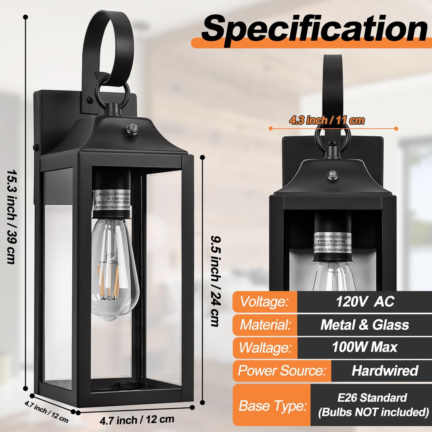 Yolsunes Dusk to Dawn Wall Lights 2 Pack, Black Outdoor Light Fixtures Wall Mount, 15 Inch Exterior Wall Sconces Waterproof, Large Outside Lights for House, Modern Wall Lanterns Clear Glass