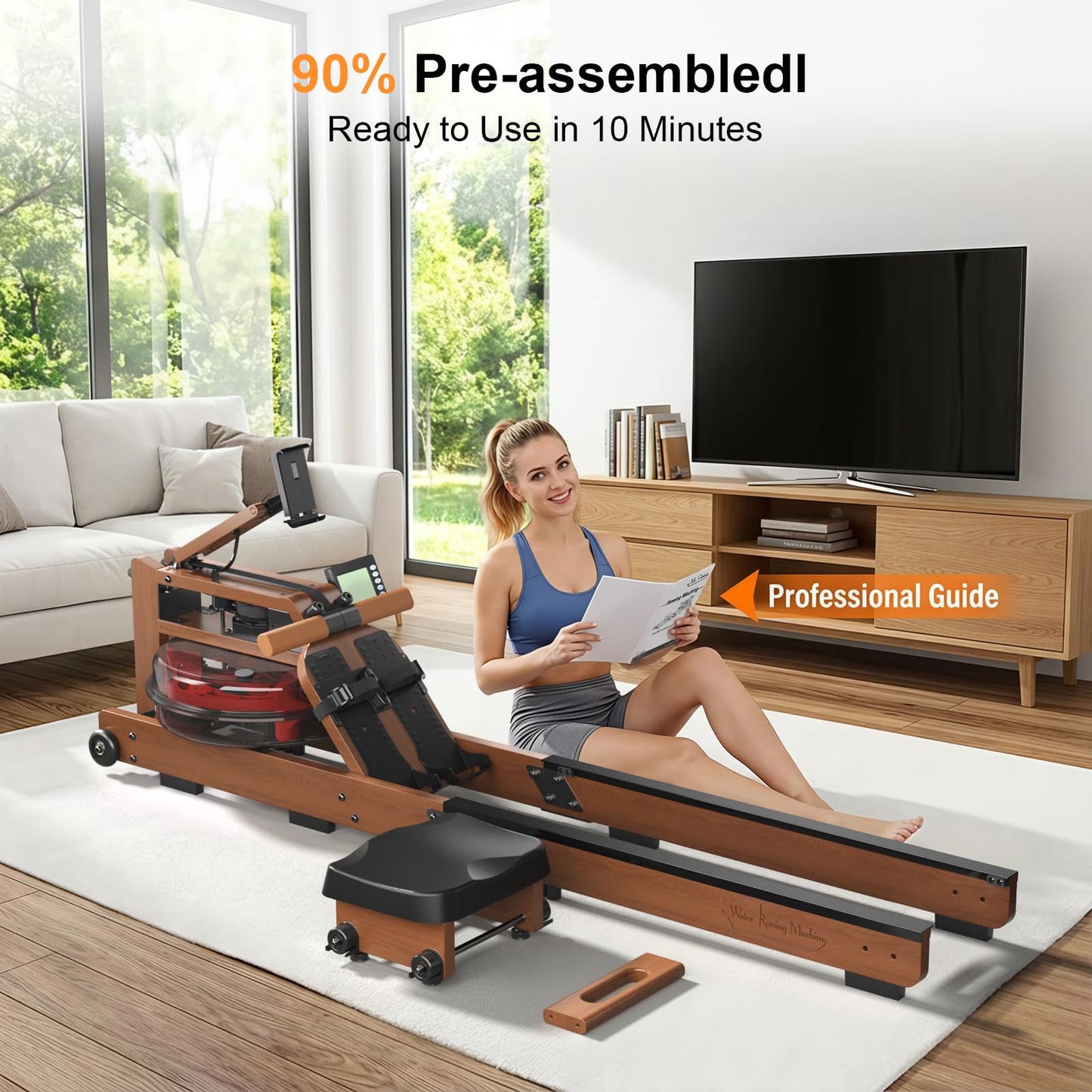 Rowing Machines for Home,Water Rowing Machine with Upright Design,400LBS Capacity,LCD Monitor,Smooth Glide Rails,Comfortable Seat,Free App(Bluetooth) Supported for Immersive Water Rower&Home Gym