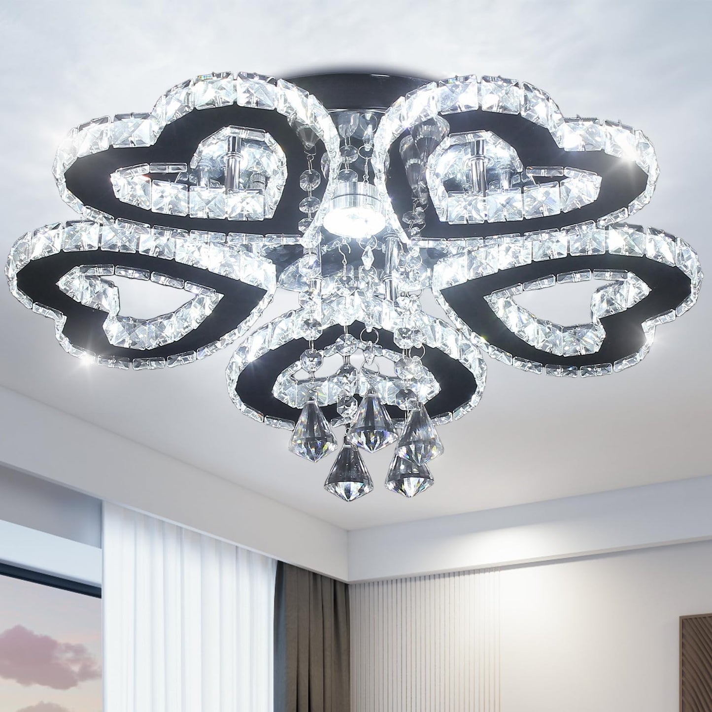 xychfantligh Modern Chandelier 5 Heart Ring Crystal Chandelier Crystal Ceiling Light Stainless Steel Pendant Light Chandeliers for Bedroom Living Room Dinning Room Foyer (Cool White 6500K)