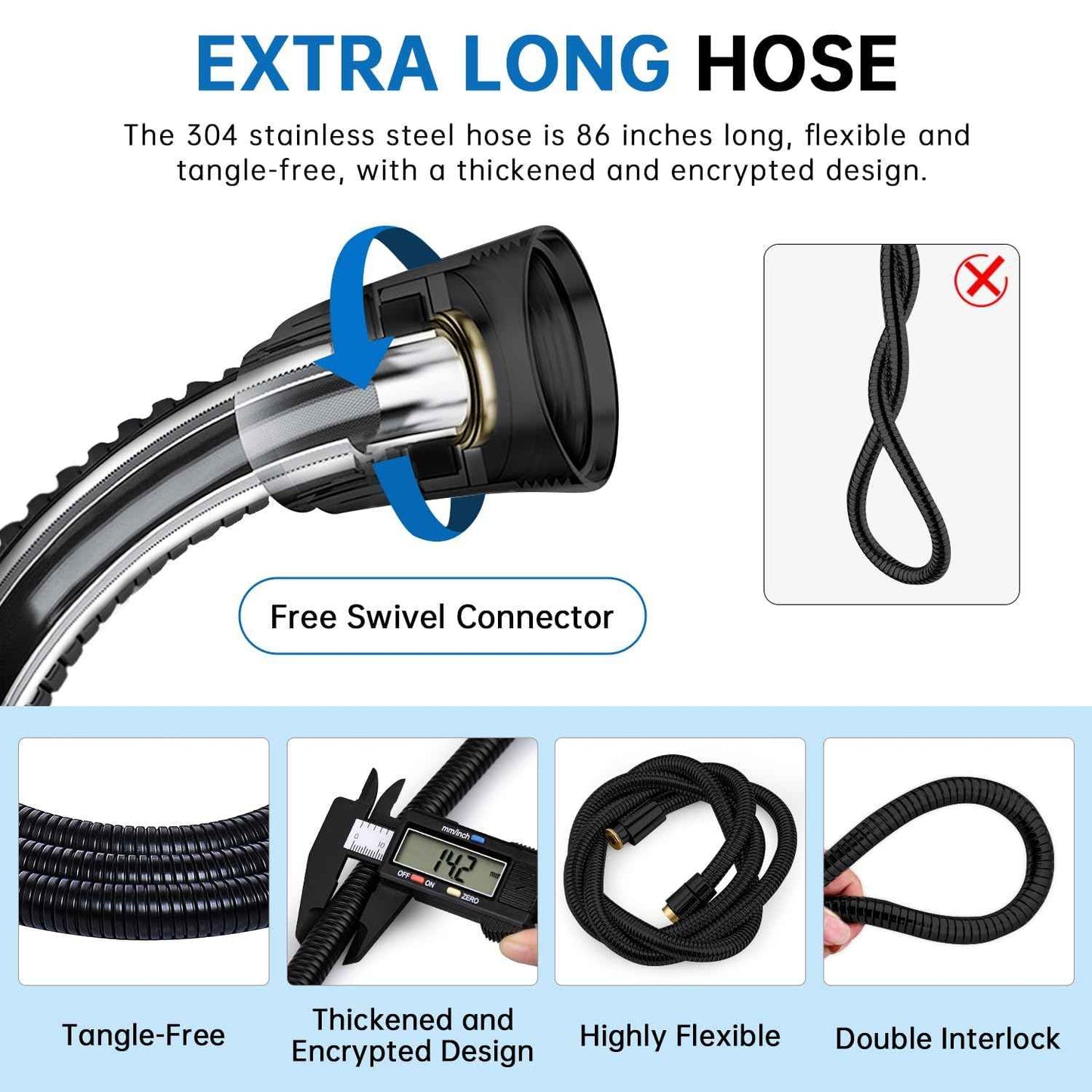 G-Promise 86 Inch Stainless Steel Long Shower Hose, Flexible and Tangle-Free, for Shower and Pet Bathing, Clean Bathroom Corners(Matte Black)