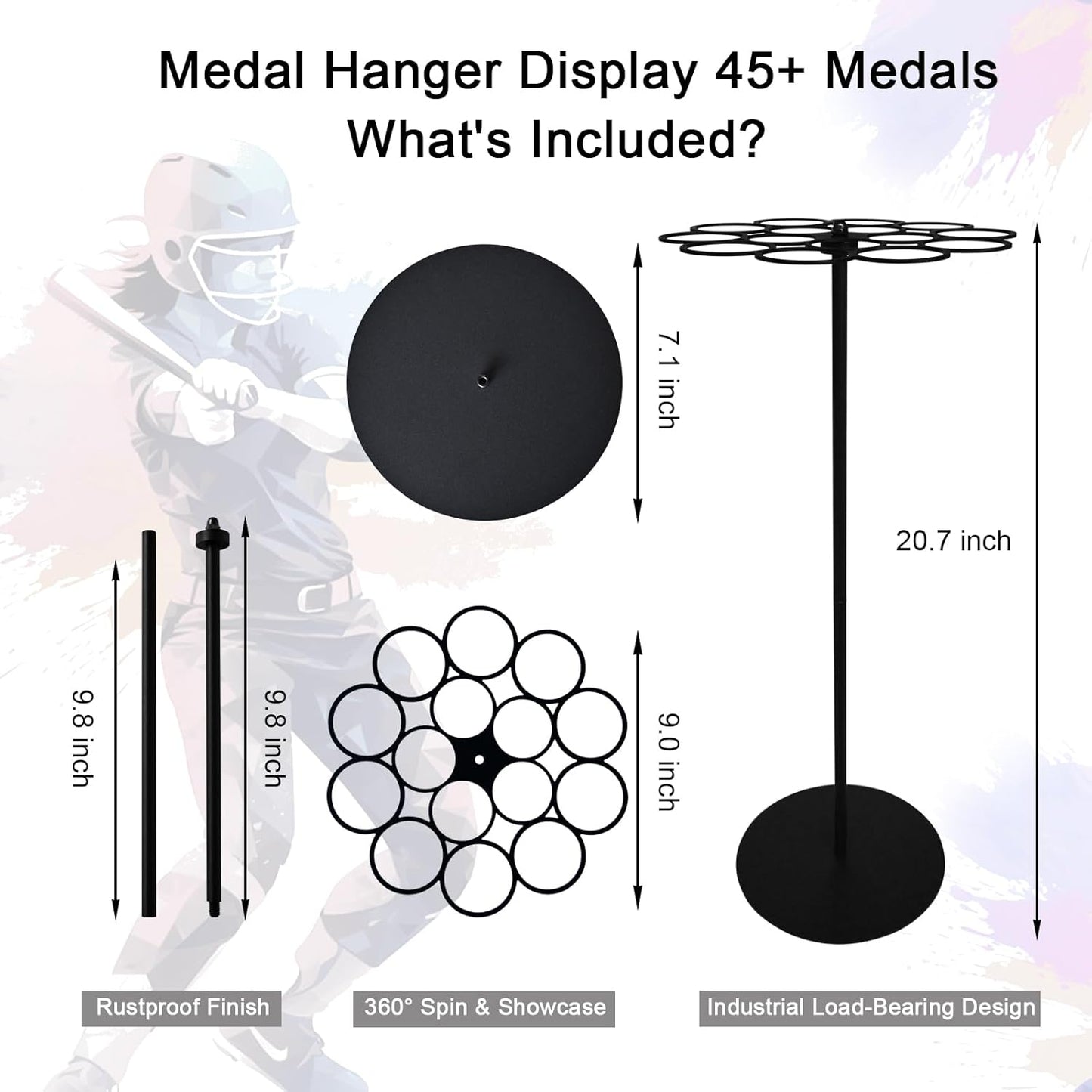 Medal Hanger Display - Rotating Wall-Safe Tabletop Stand for 45+ Race Medals | Heavy-Duty Metal Base