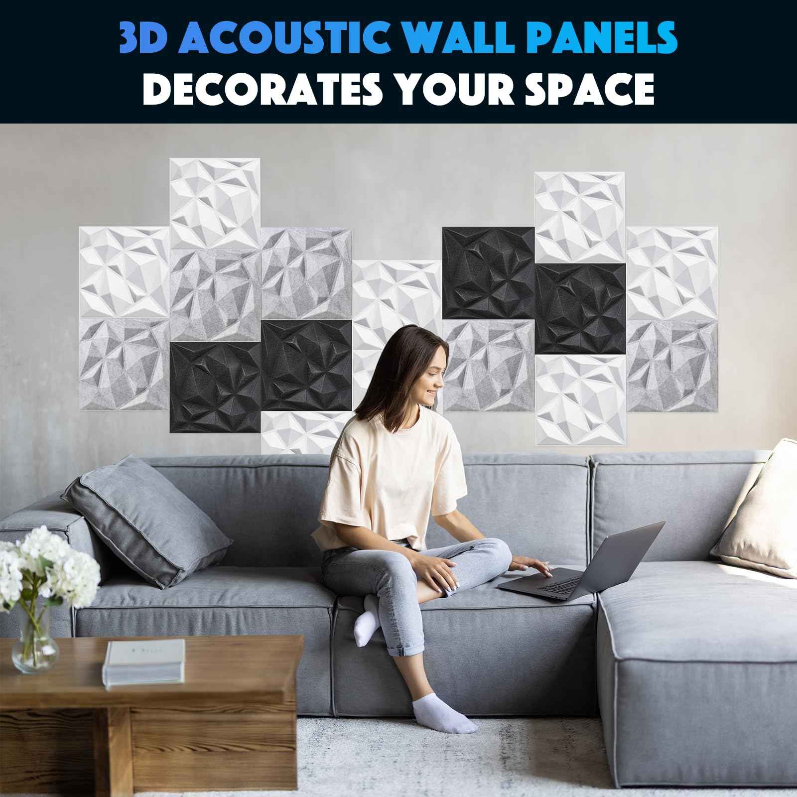 Acoustic 3D Wall Panels,24 Pack Sound Proof Felt Panels for Interior Wall Décor, Hollow Sound Absorbing Panel for Studio, Living Room, Home, Hotel, 12''x12'' Cover 24 sq ft (Black, 24 Pack)