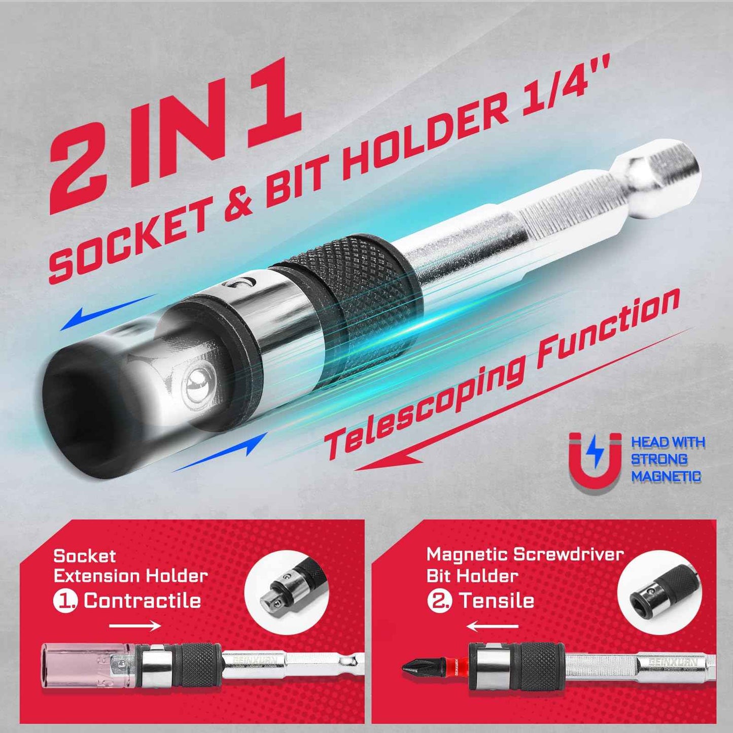 Geinxurn 42Pieces Impact Screwdriver Bit & Socket Set with Mini Ratcheting Wrench, 30Pcs Impact S2 Screwdriver Bits Set, 5Pcs SAE & Metric Sockets and 2-In-1 Bit Extension Holder Repair Tools