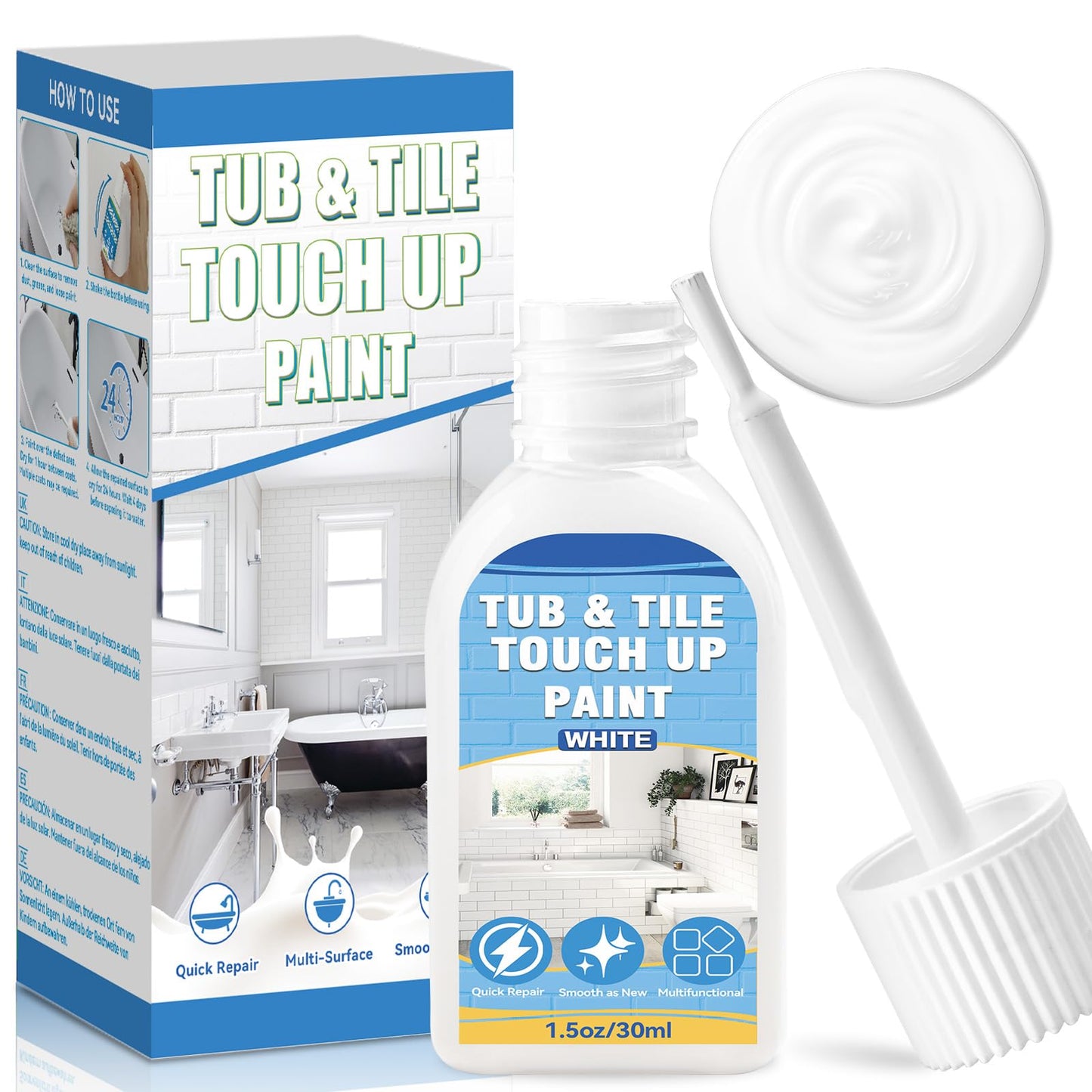 Tub and Tile Paint, White Touch Up Paint Pen for Bathtub, Repairs Countertops, Sinks, and Appliances, Porcelain Paint for Any Scratches Spots on Ceramic, Enamel, 1.5 fl Oz