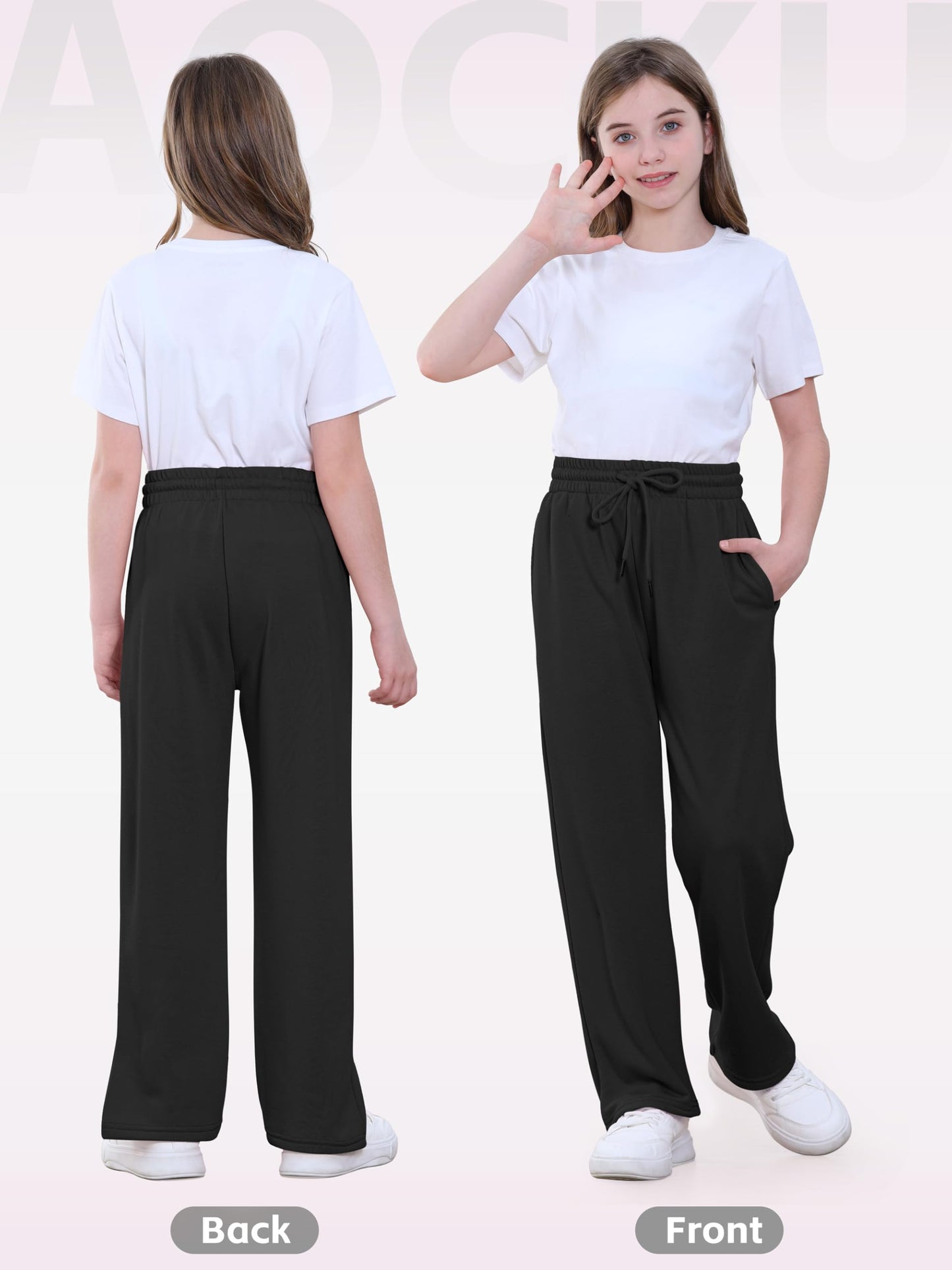 Aocku 3 Pack Girls Sweatpants Athletic Wide Leg Drawstring Joggers Pants Girls Kids Sweatpants Open Bottom Pants