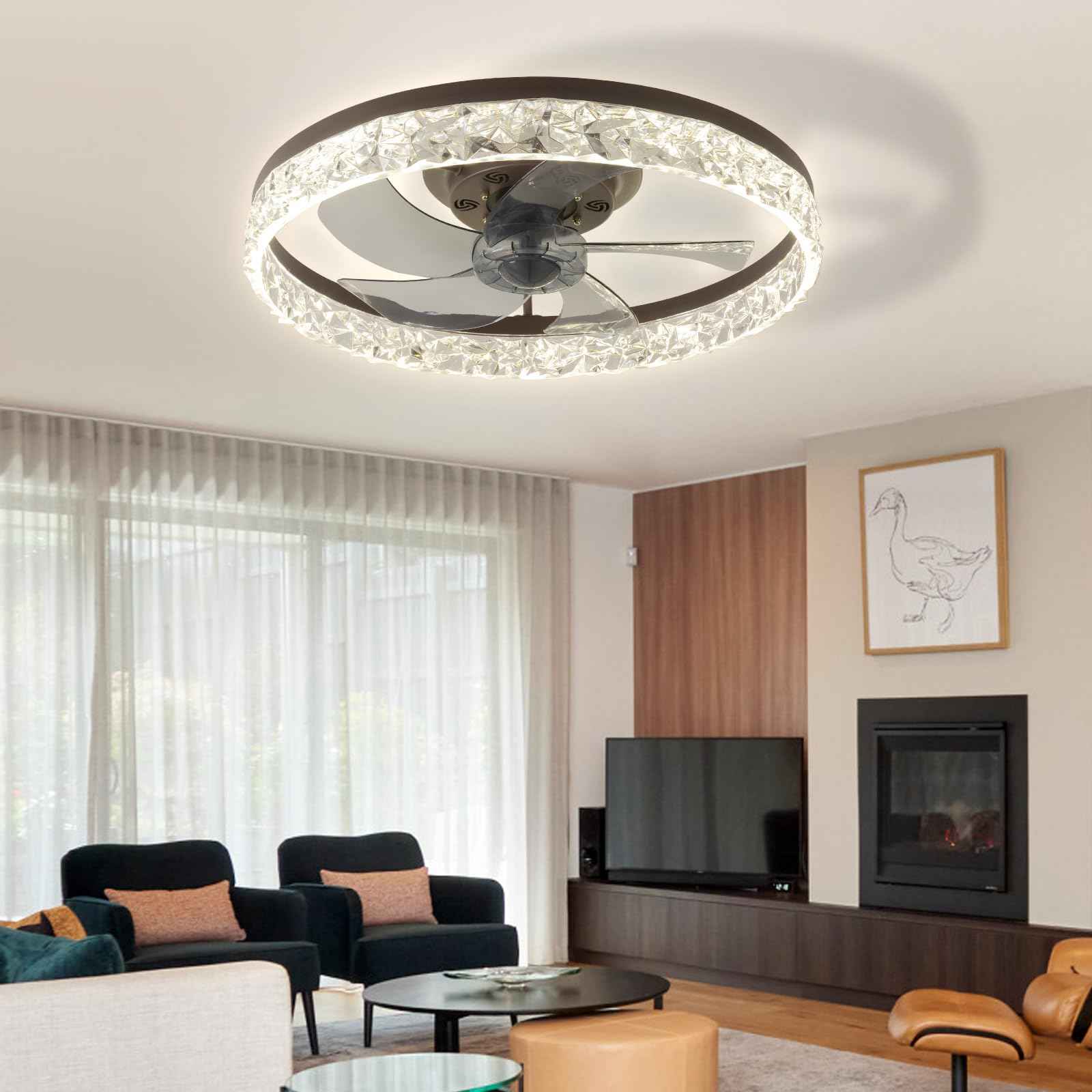 FRIXCHUR 20" Modern Ceiling Fan with Lights and Remote Dimmable Low Profile Ceiling Fans Flush Mount Led Ceiling Fan with Light for Bedroom Living Room Kitchen(Brown,6 Speeds 3 Colors Change)