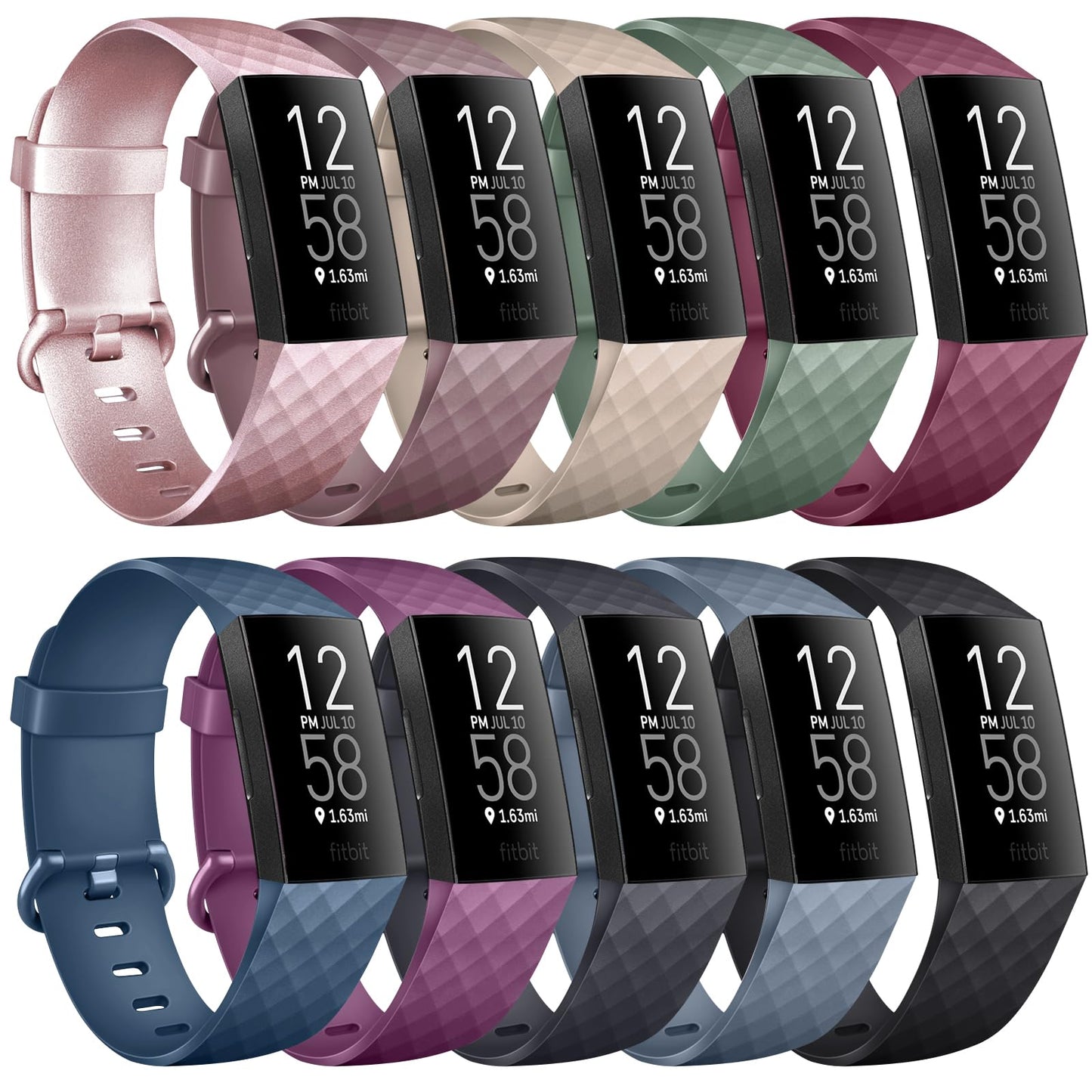 [10 Pack] Soft Silicone Wristbands Compatible with Fitbit Charge 4 Bands, Sports Replacement Straps for Fitbit Charge 4 / Fitbit Charge 3 / Charge 3 SE Women Men (Large, 10 Pack E)