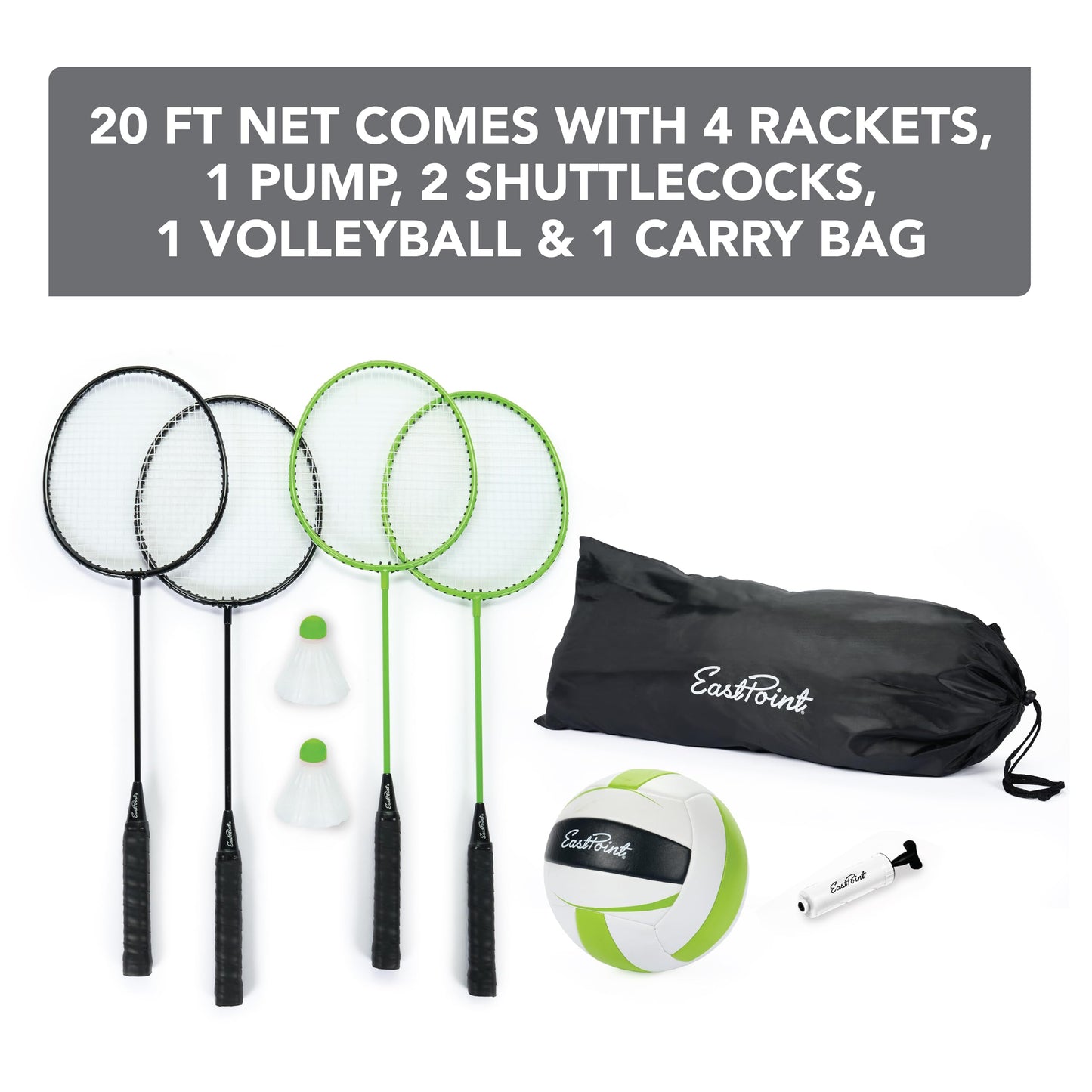 EastPoint Easy Setup Volleyball Badminton Set - Regulation, Light Green/Black - Portable Volleyball Net Design - 2-in-1 Net for Badminton & Yard Games - Includes Steel Rackets & Ball