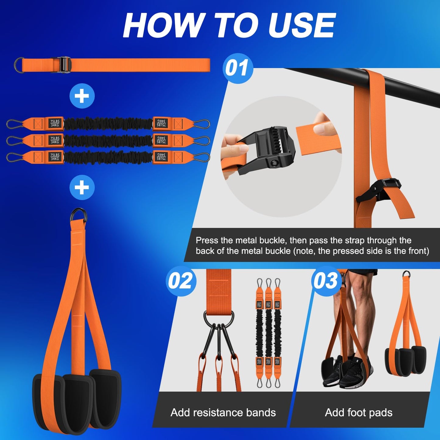 WHATAFIT Pull Up Assistance Bands,Two Foots Heavy Duty Resistance Band for Pull Up Bar, Adjustable Weight/Size with Fabric Feet/Knee Rest, Bands for Pull Up Assist for Strength Training, Pull Up
