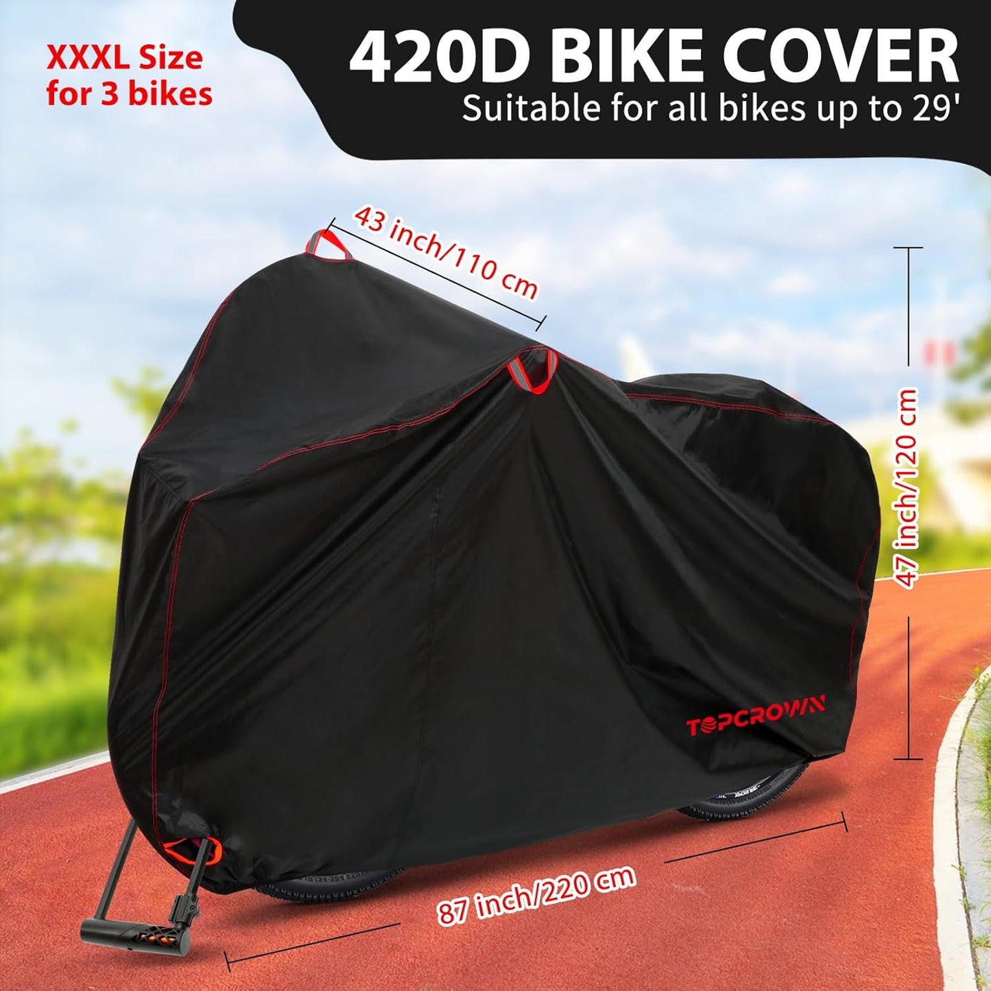 Topcrown Waterproof Bike Cover - Outdoor Storage for 3 Bikes | UV, Dust & Wind Protection (420D Black & Red, XXXL)