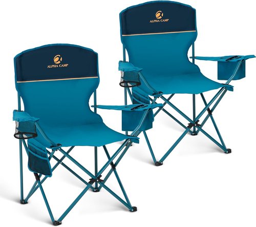 LET'S CAMP Folding Camping Chair 2-Pack - Portable Lawn Chairs with Cooler Bag & Cup Holder | Supports 350LBS, Blue