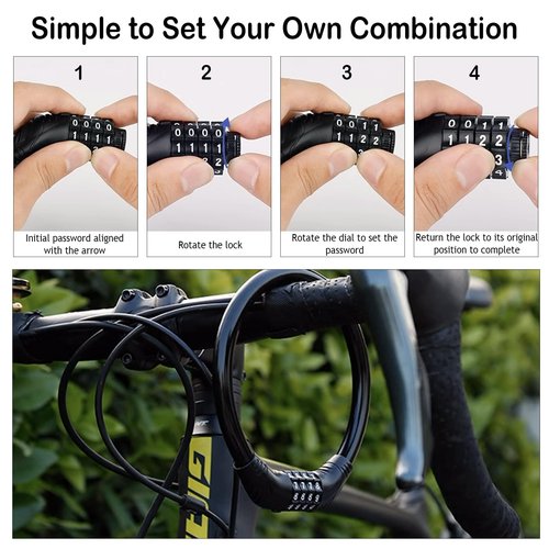Bike Lock 4-Digit Resettable Combination Cable Lock Anti-Theft, Cut-Resistant, Durable, Suitable for City Bikes and Outdoor Cycling (Blue)