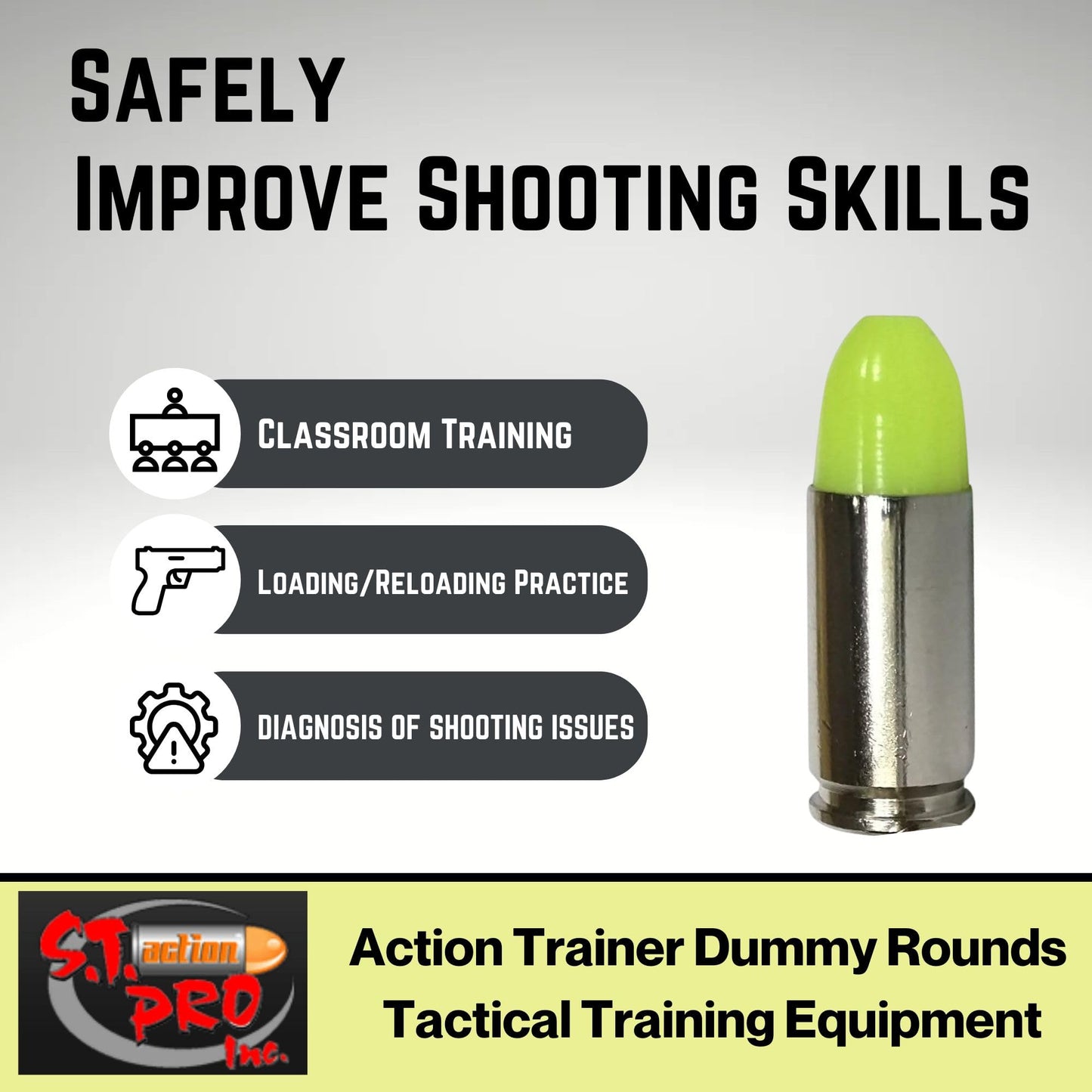 S.T. Action Pro 9mm Dummy Rounds – Yellow Safety Trainer Dummy Rounds, Reusable Dry Fire Training Ammunition (5-Pack) for Gun Owners - Veteran-Owned, Assembled in the USA