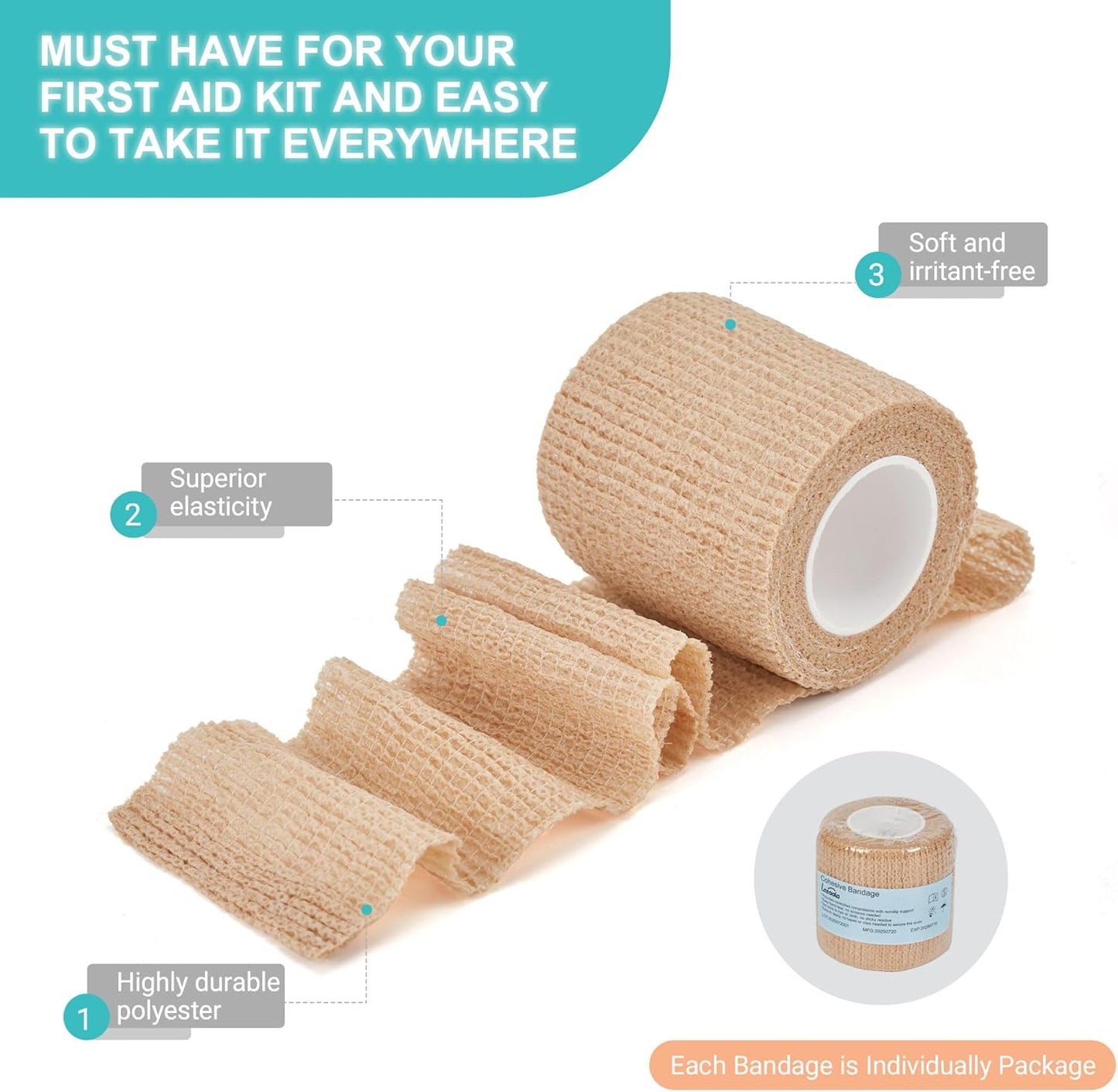Skiennix Self-Adhesive Bandage Wraps - 6 Pack, 2” x 5 Yards, Skin Color | Ideal for Sports & Injury Support