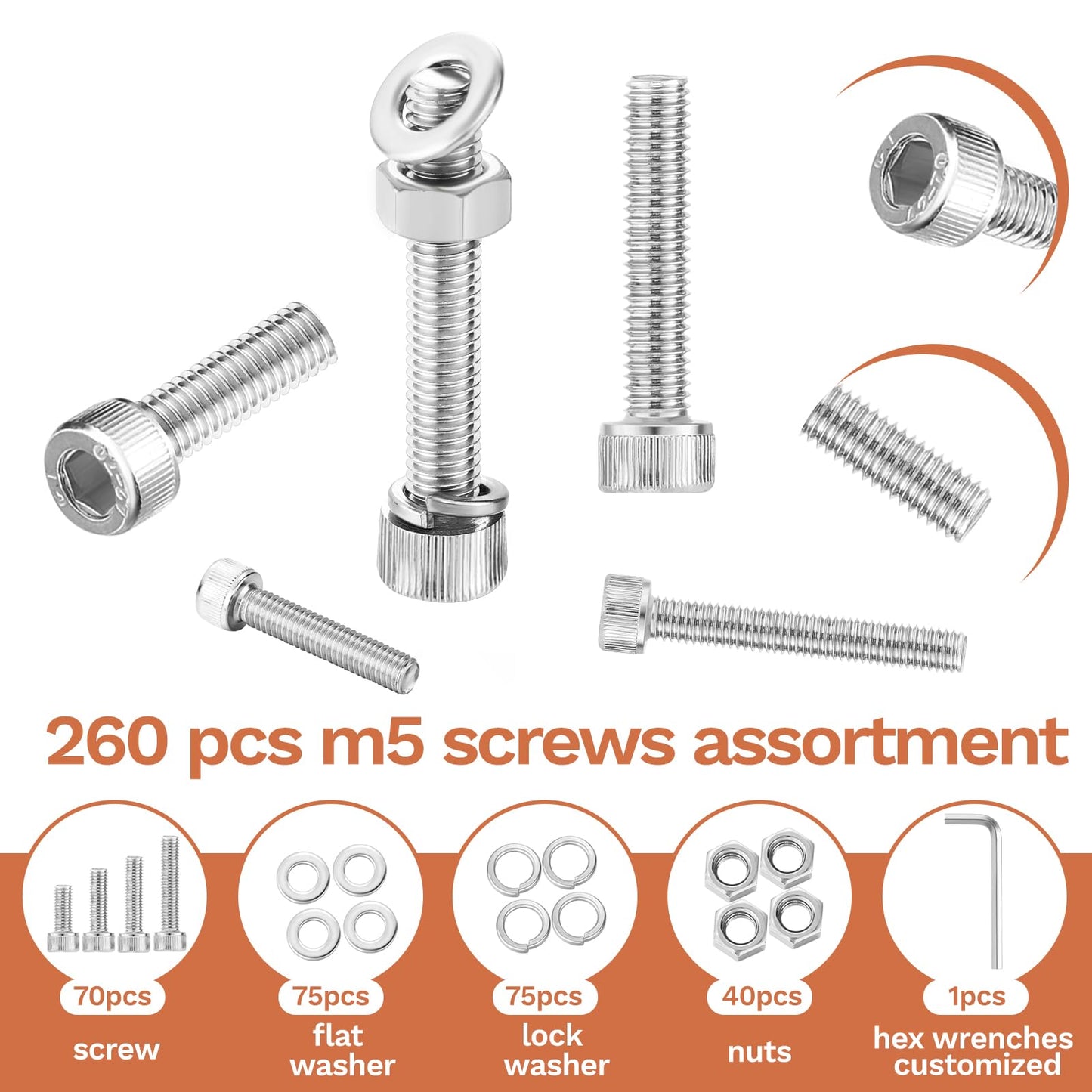260 Pcs M5 Screws Assortment Kit, M5 Bolts Kit M5x 8/10/12/16/20/25/30/35mm, 304 Stainless Steel Hex Socket Head Screws Nuts Bolts and Washers Set