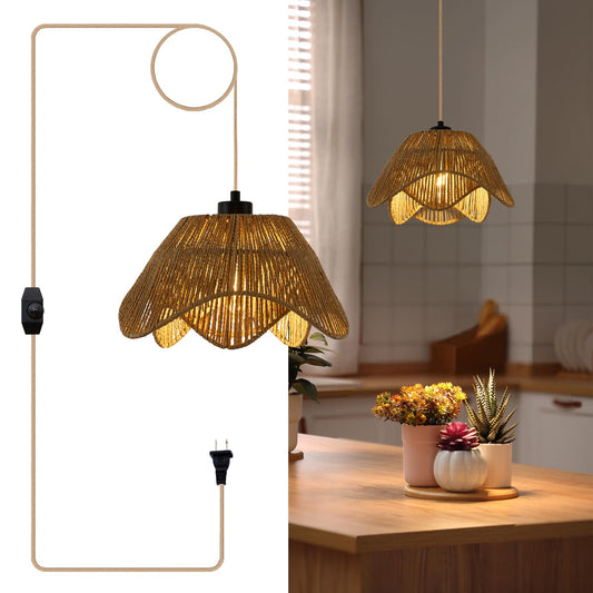 ZSDHXi Plug in Pendant Light, Boho Rattan Hanging Lights with Plug in Cord,Rustic Hand Woven Wicker Hanging Lamp with On/Off Switch, Adjustable Plug in Ceiling Light for Kitchen Bedroom Living Room