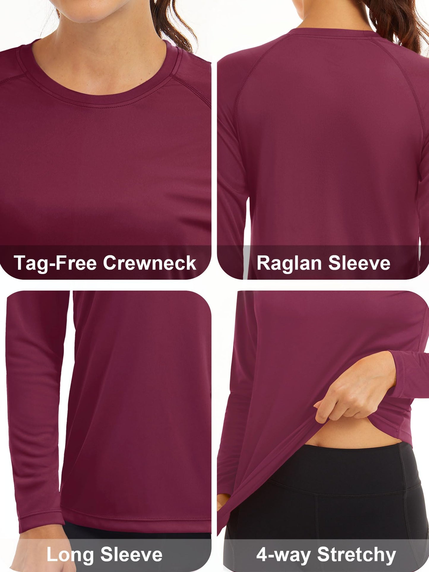 MAGCOMSEN Casual Running Shirts Fishing Tee UV Protection Shirts for Women Long Sleeve Shirts for Women Performance Shirts Workout Shirts Women Wine Red