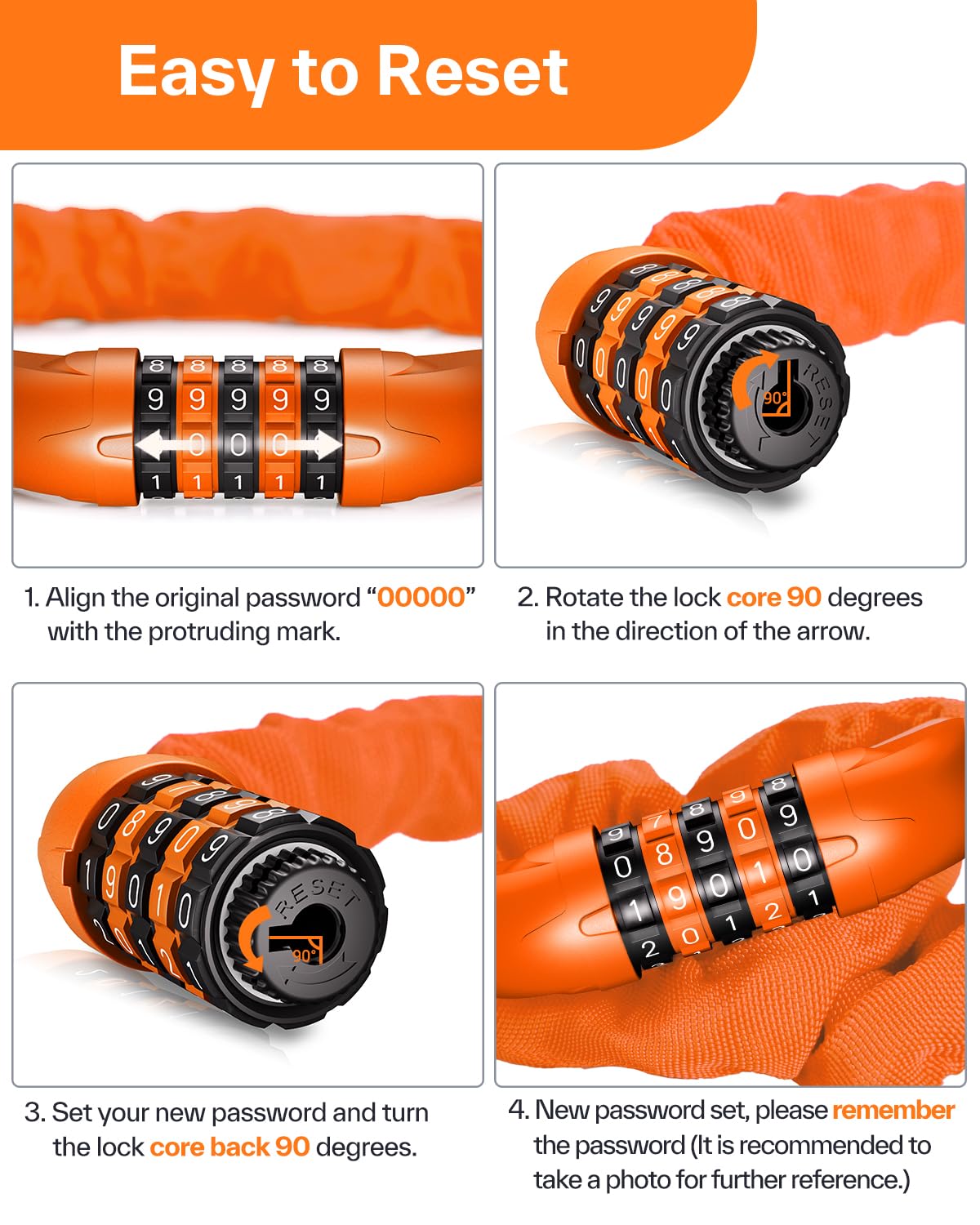 Sportneer Bike Lock: 5 Digit Combination High Security Anti Theft Bike Chain Lock - 3.2/3.6/4ft Heavy Duty Resettable Keyless Bicycle Lock for Bike, Motorcycle, Scooter, Door - 6mm Thick Orange