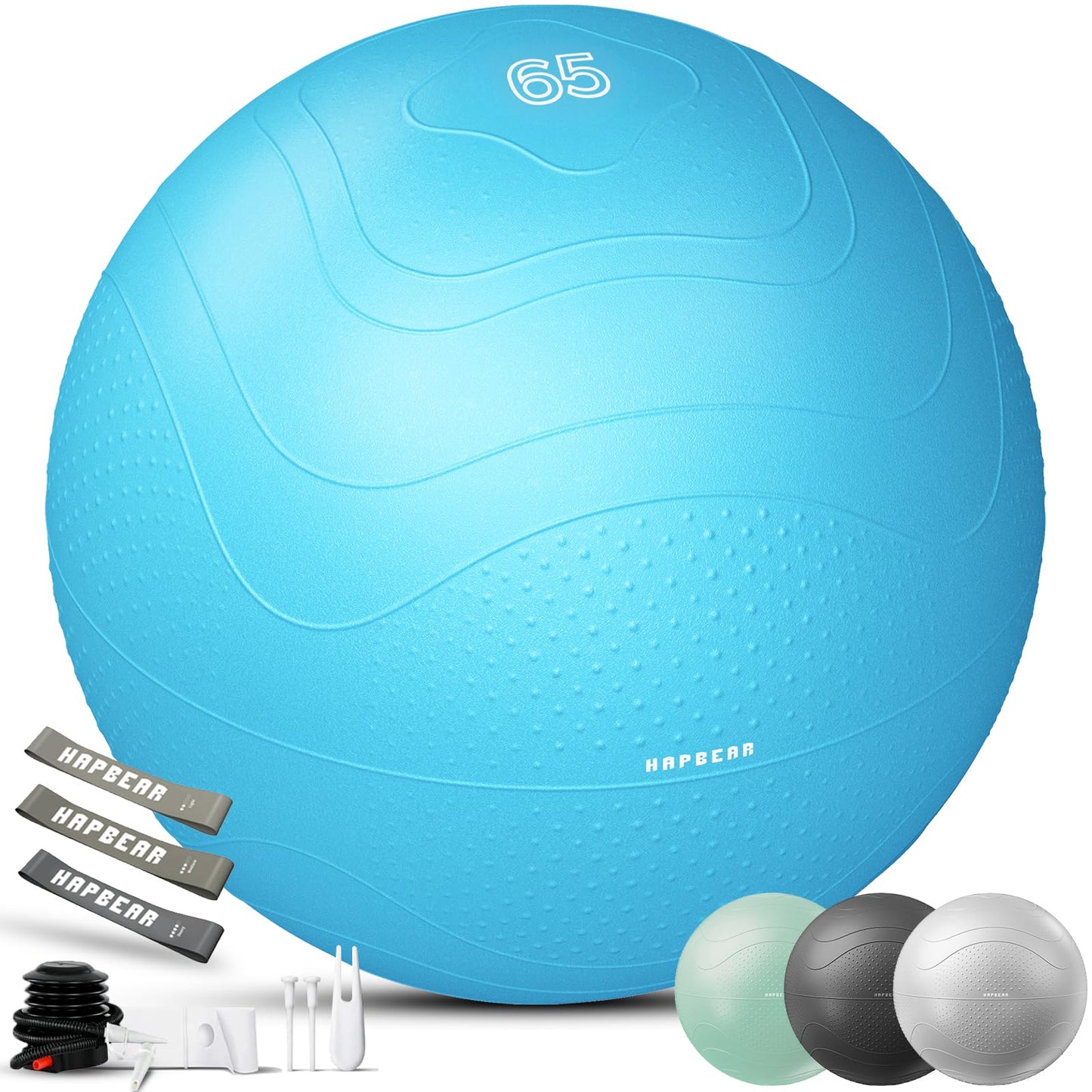HAPBEAR Exercise Ball - Anti-Burst Slip-Resistant Yoga/Pilates Ball for Core Training & Posture Improvement, Home Gym/Rehab/Pregnancy Ball, Quick Pump & 3 Resistance Bands Included