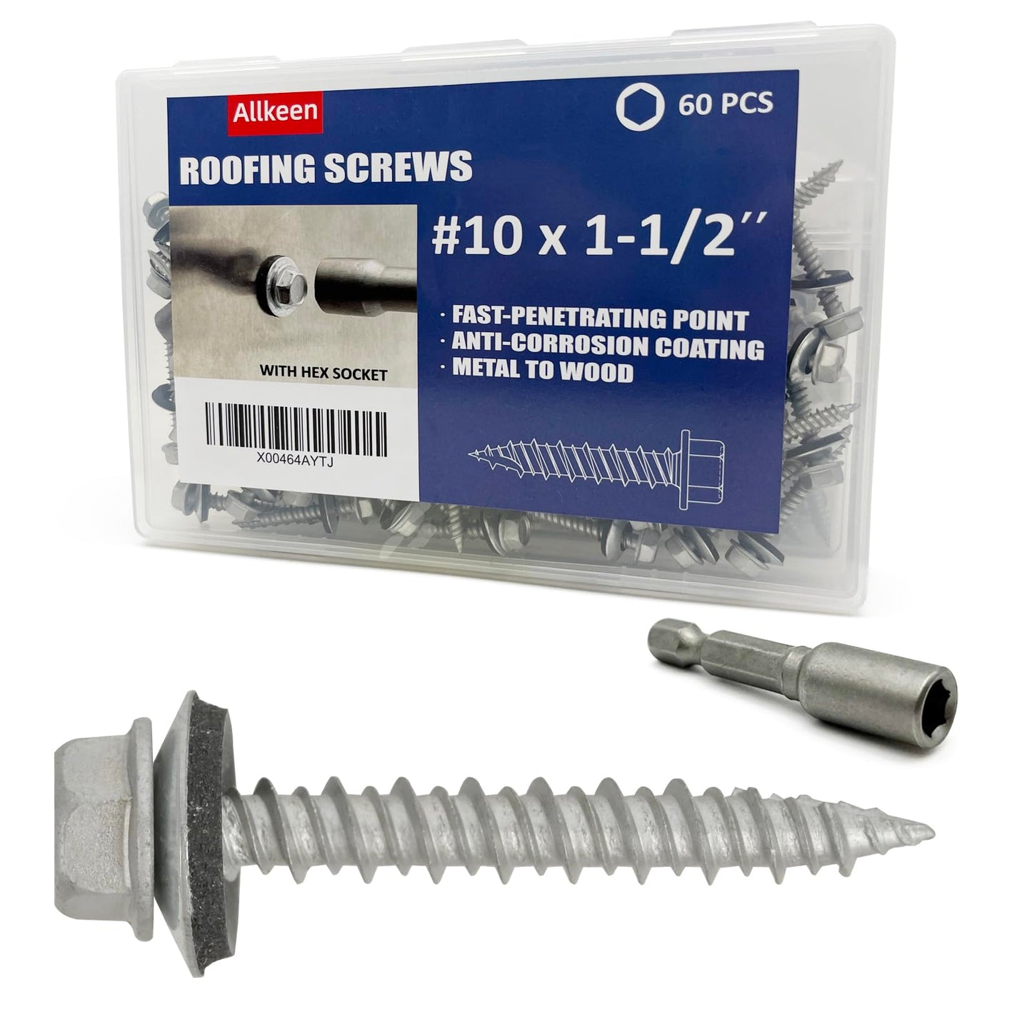 Allkeen #10 x 1-1/2" Hex Head Sheet Metal Roof Screws, Rustpert Coating Metal to Wood siding Screws, 60 Pieces