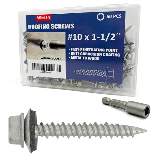 Allkeen #10 x 1-1/2" Hex Head Sheet Metal Roof Screws, Rustpert Coating Metal to Wood siding Screws, 60 Pieces