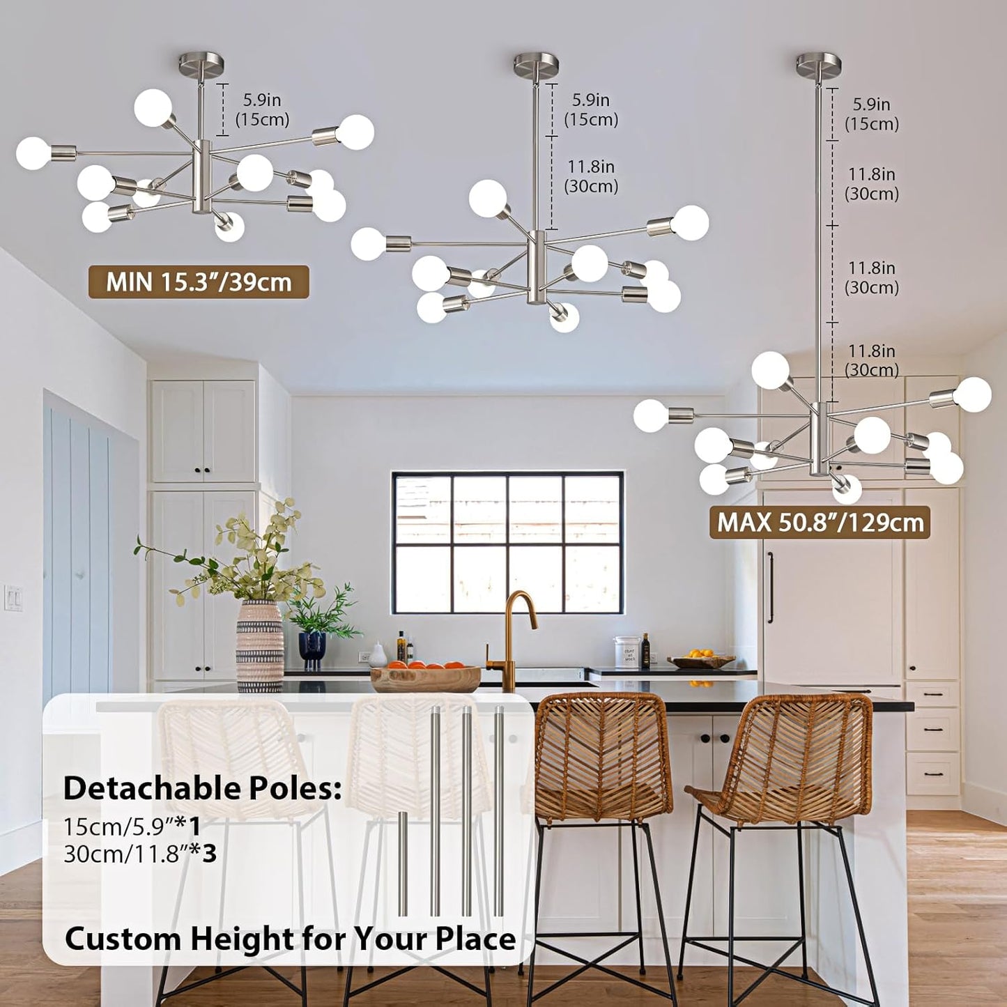 8-Light Gold Sputnik Chandelier - Modern Adjustable Ceiling Light for Dining Room, Kitchen & Foyer