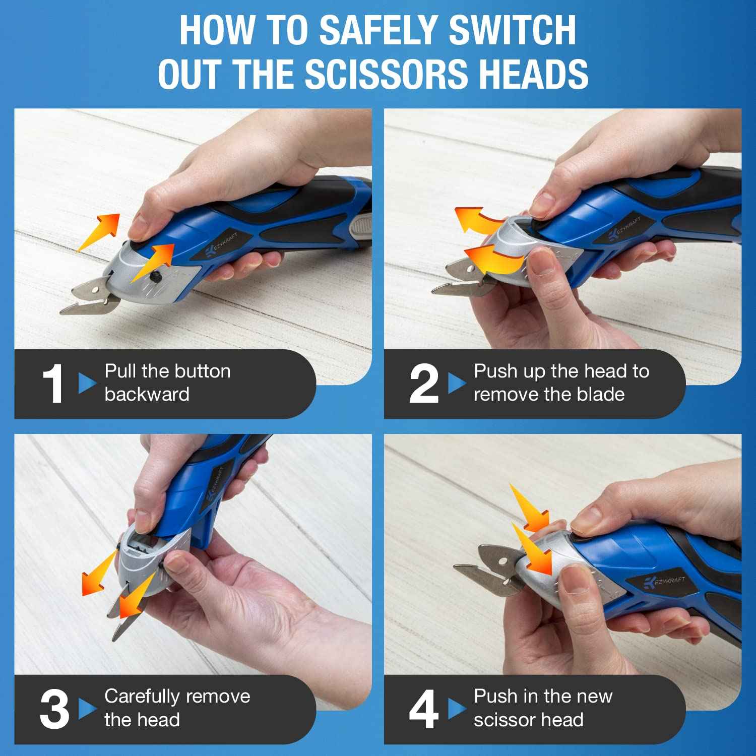 Cordless Electric Scissors for Cutting Fabric - Multifunctional Craft & Cardboard Scissors With Stainless Steel Blades & Replacement- 3.6V Lithium Ion Battery - Includes Charging Cable - Blue/Black