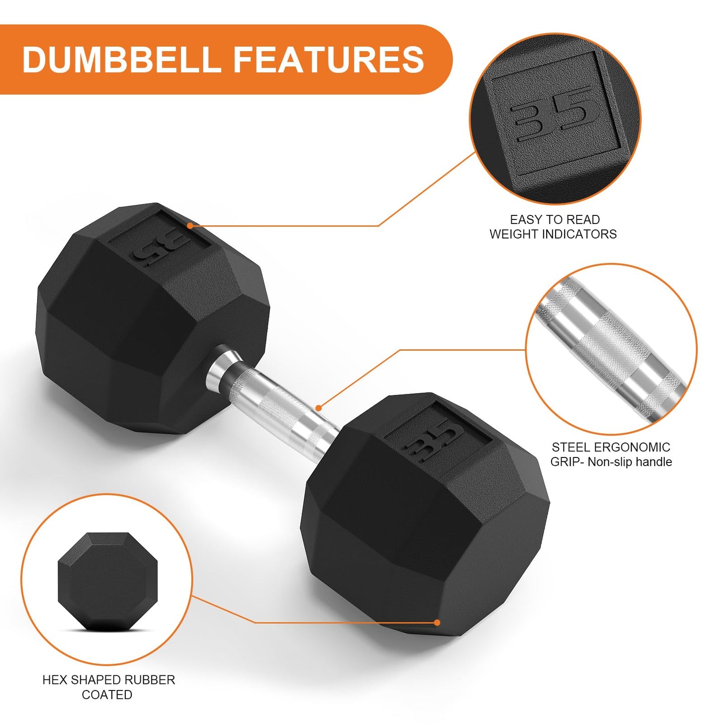 Rubber Coated Hex Dumbbell Weight Set, Multiple Sizes Exercise & Fitness Dumbbells,100LB Set or 110LB Set, 35-50 Lbs Pairs, Hand Weight for Muscle Toning, Strength Building & Full Body Workout
