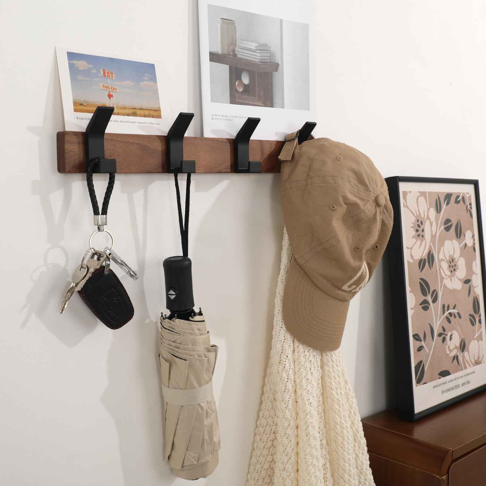 Jadorn Coat Rack Wall Mount - 15.7 Inches Walnut Wood Coat Hooks Coat Rack Wall Mount with 4 Hooks Black Aluminum Coat Hooks for Hanging Coat Hat Bag Hat Rustproof Coat Hanger