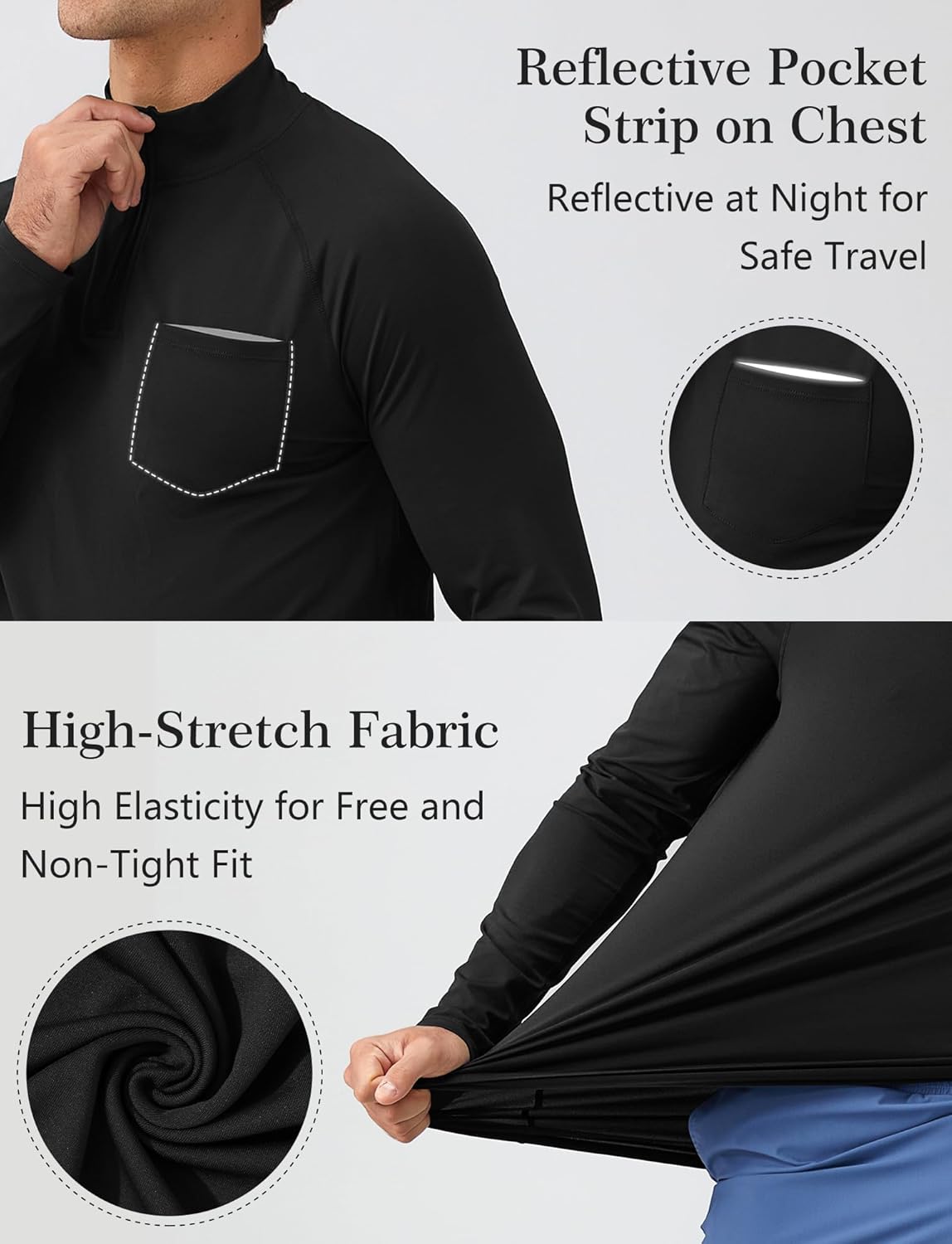 SEAUR Men's Long Sleeve Athletic Shirt - 1/4 Zip Pullover for Running & Fishing | Black