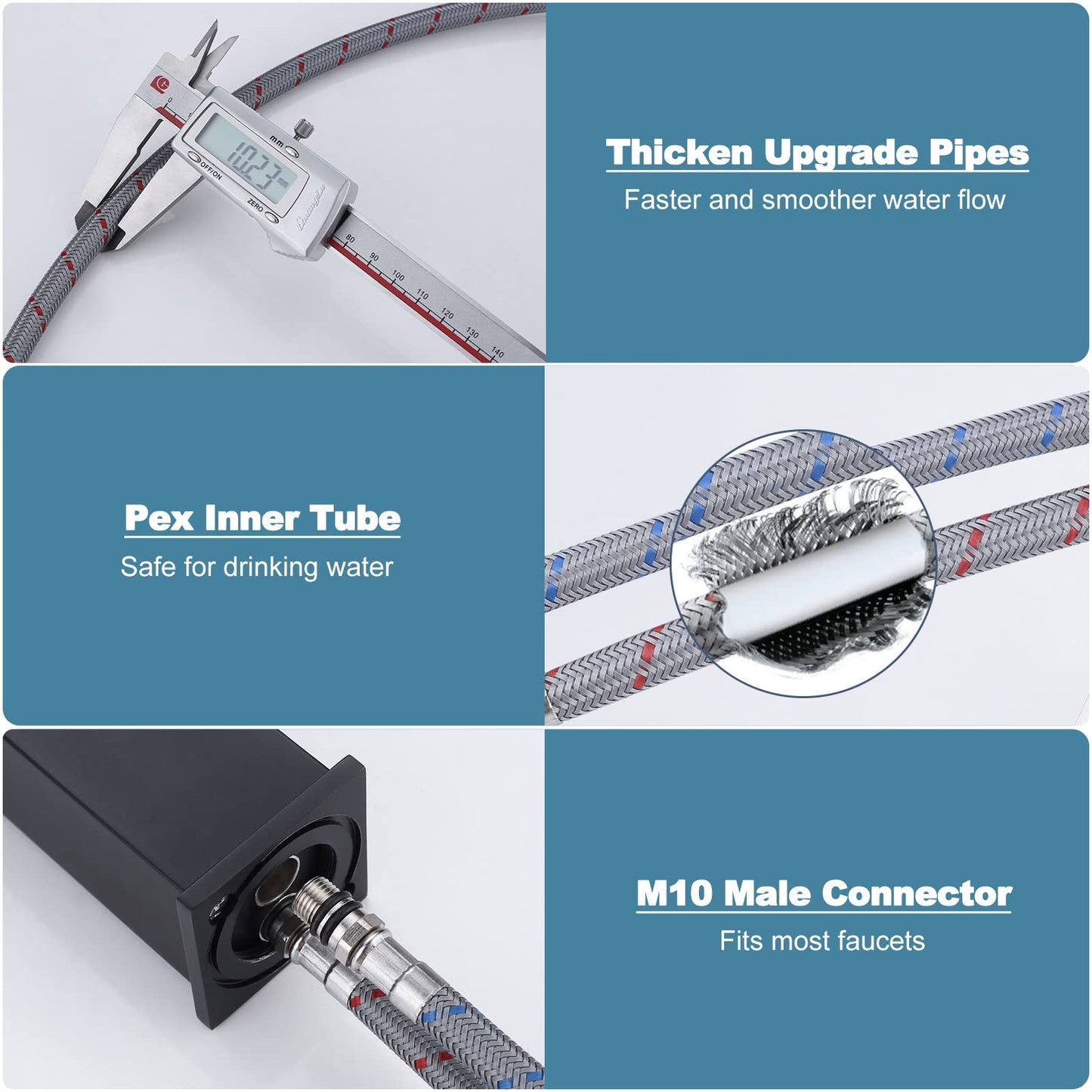 WOWOW 16" Length Faucet Supply Line, Bathroom Kitchen Faucet Lines Braided Nylon Sink Hose,cUPC Faucet Supply Lines 3/8" Female Compression Thread × M10 Male Connector 2Pcs (1 Pair)