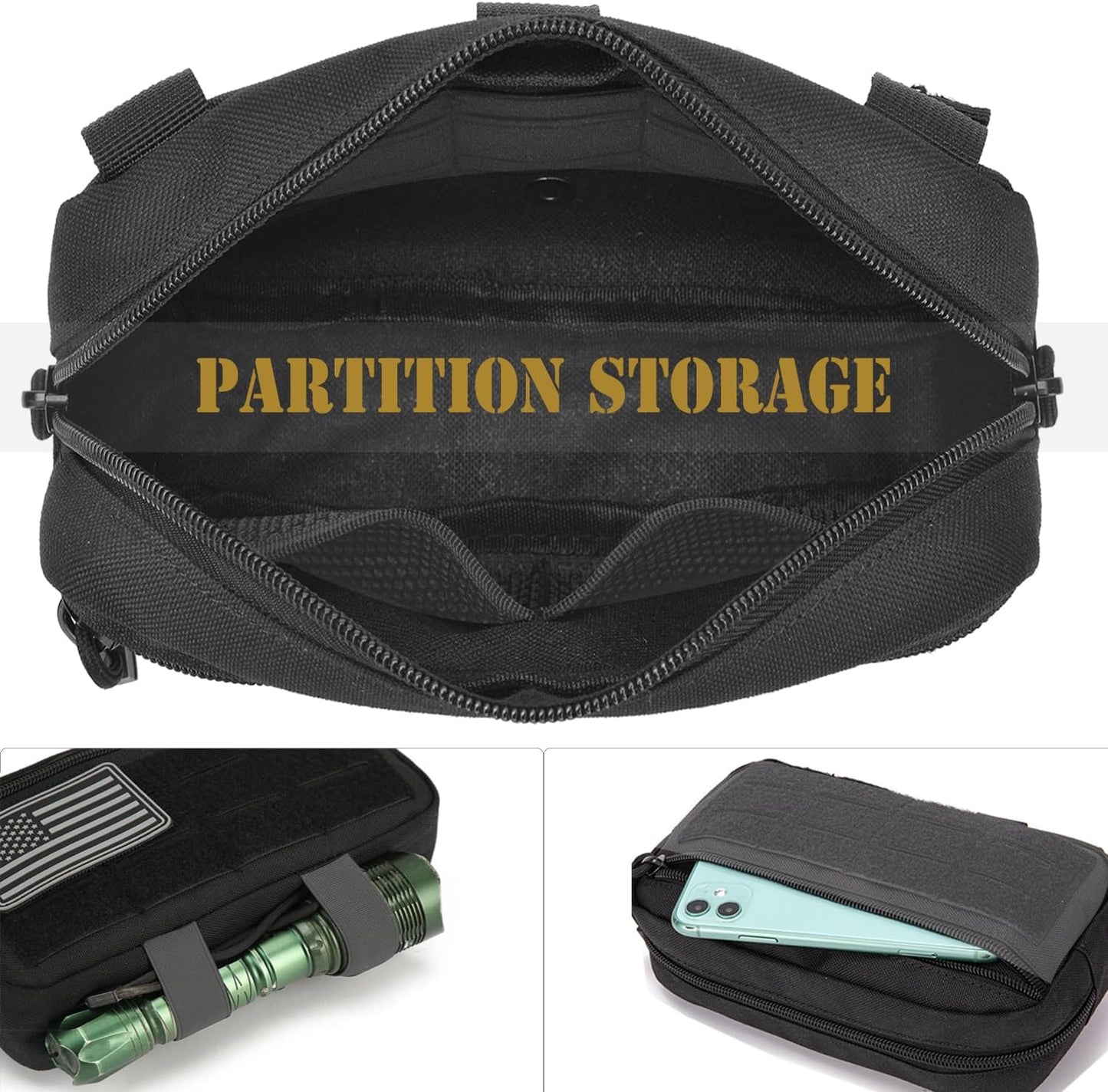 Skiennix Tactical Molle Admin Pouch - 2 Pack with US Flag Patch & Keychain | Utility EDC Tool Bag