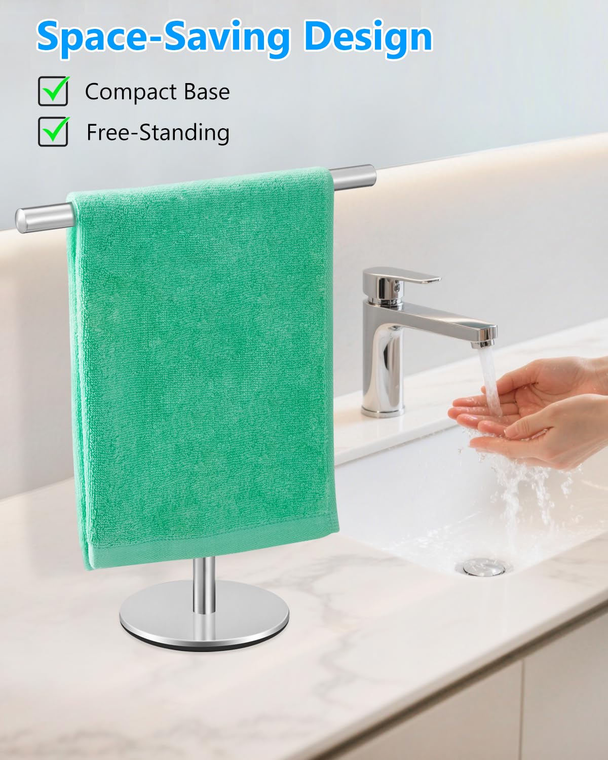 Standing Hand Towel Holder, T-Shape Towel Rack Stand, Stainless Steel Towel Bar for Bathroom Kitchen Vanity Countertop, Nickel