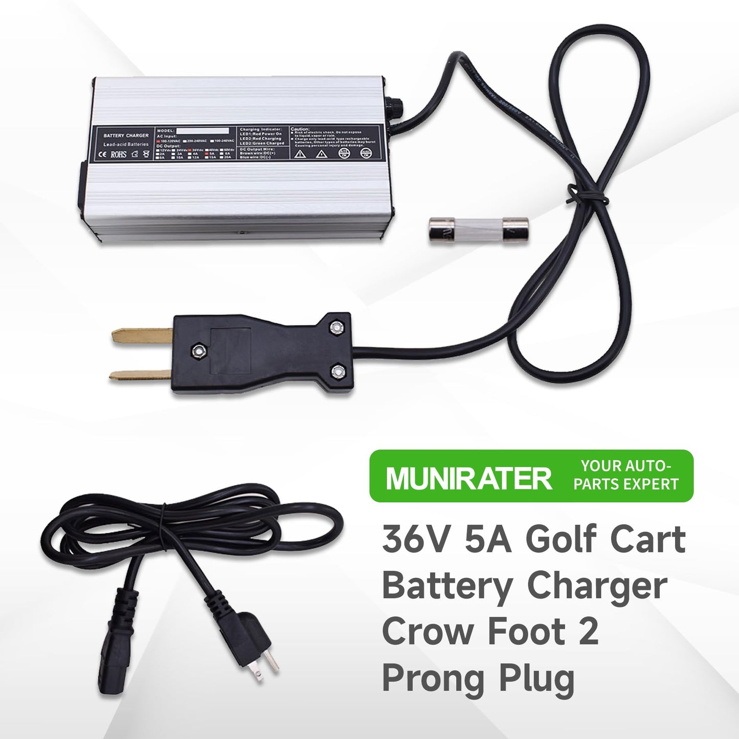 munirater 36V 5A Golf Cart Battery Charger Crow Foot 2 Prong Plug Replacement for Club Car DS TXT